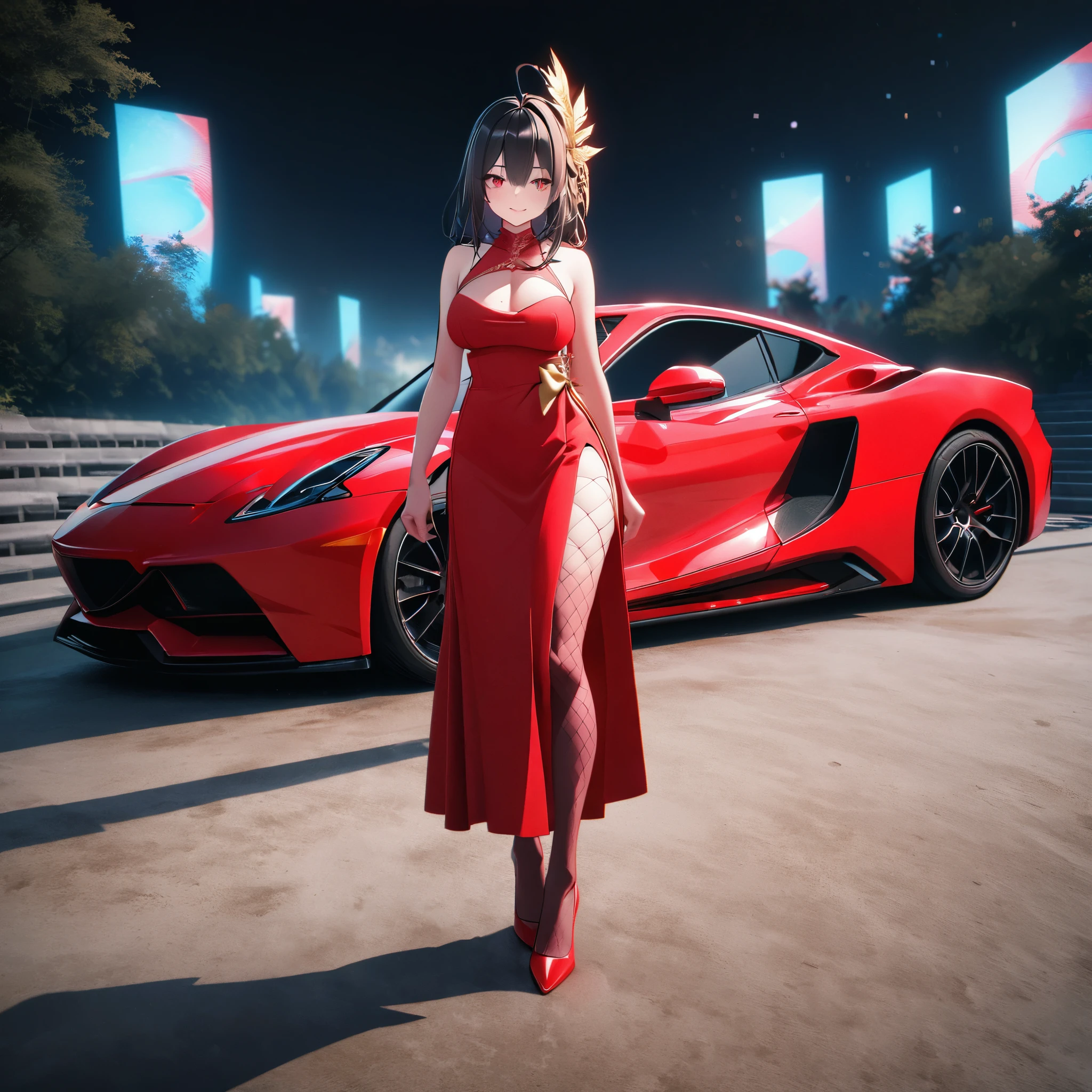 A woman wearing a low-cut red dress, empty shoulders, long black hair, Ahoge, golden bow in her hair, golden feather in her hair, red eyes, smiling, red heels, long brown stockings, standing on, full length, a concrete runway on the side of a luxury red car, big breasts, night location, background lit location with trees,solid circle eyes, Surrealism, drop shadow, anaglyph, stereogram, tachi-e, pov, atmospheric perspective, 8k, super detail, ccurate, best quality, award winning, textured skin, highres, anatomically correct, bokeh effect, (woman solo)
