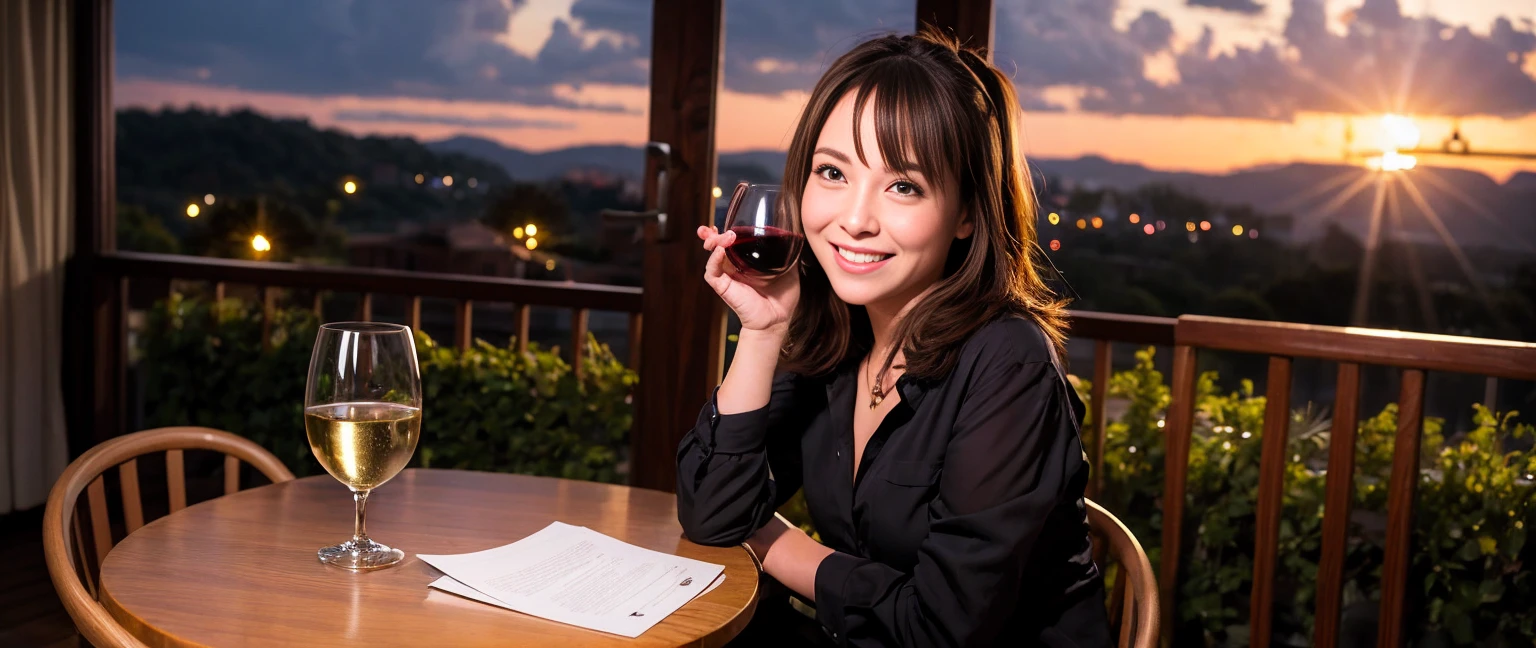 ((highest quality、8k、masterpiece:1.3))、Sharp focus:1.2、Beautiful woman perfect body:1.4、slimなボディ、((Bob Hale、Straight hair:1.2))、(to be born, highest quality, masterpiece:1.5), (Realistic, Intricate details:1.2), Ultra-high resolution, Please shine a light on my face、Amazing view of the sunset sky and clouds、Amazing mountain views、ニコニコ明るいsmile、wine glass、red wine 、Appetizers、Italian food、Wine bottle、Champagne、sparkling wine、, Beautiful Face, blue eyes, The light shines on your face, Blushing, short hair,Bright Face、Fox face、 (36 years old), 39 years old, Lady、Two beauties、Brown Hair、Shortcuts、Long sleeve shirt、dress、Pretty Woman 1, (slimな顔), (The body is slim), (Brown Hair), (Shortcuts), cheeks turn a little red,Attractive beauty、, Out of the window, A beautiful and detailed night view unfolds.........., restaurant, In a prominent place (From the waist up) Nova Frog Style, actress, model, Upper Body, White wine, slim, wine glass, 真ん中に置かれたwine glass, smile, (smile: 1.15), Beautiful fine grain, Depth f/2,saturation, High Contrast, Strong light and shadow,Moist Body:1.5、3D texture、Delicate eyes、Brown Hair、The hair is very shiny、