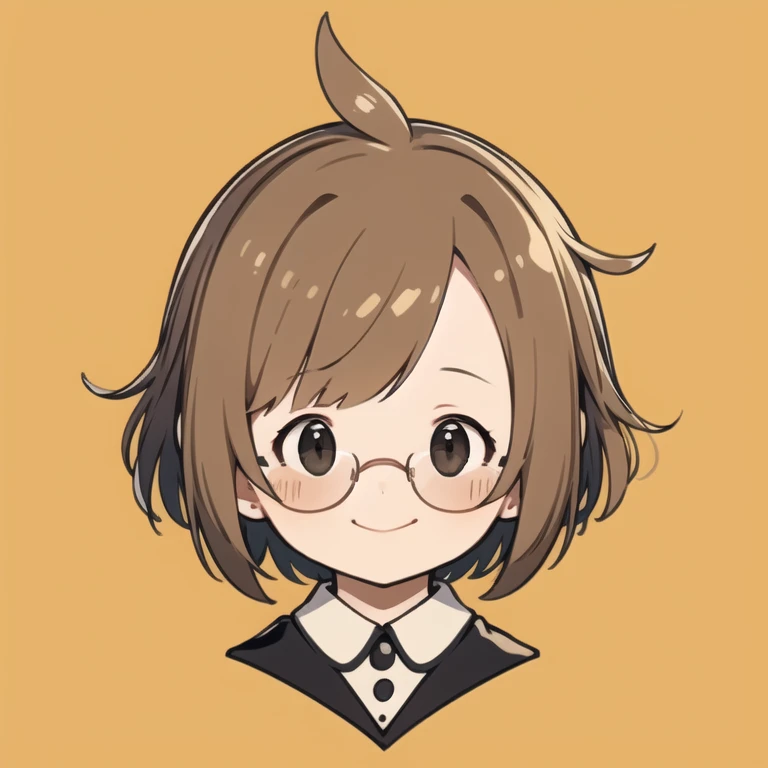 Flat avatar, 1 girl, One, smile, headshot, Simple background, shaggy slightly wavy brown hair, glasses with lenses, too smart facial expression