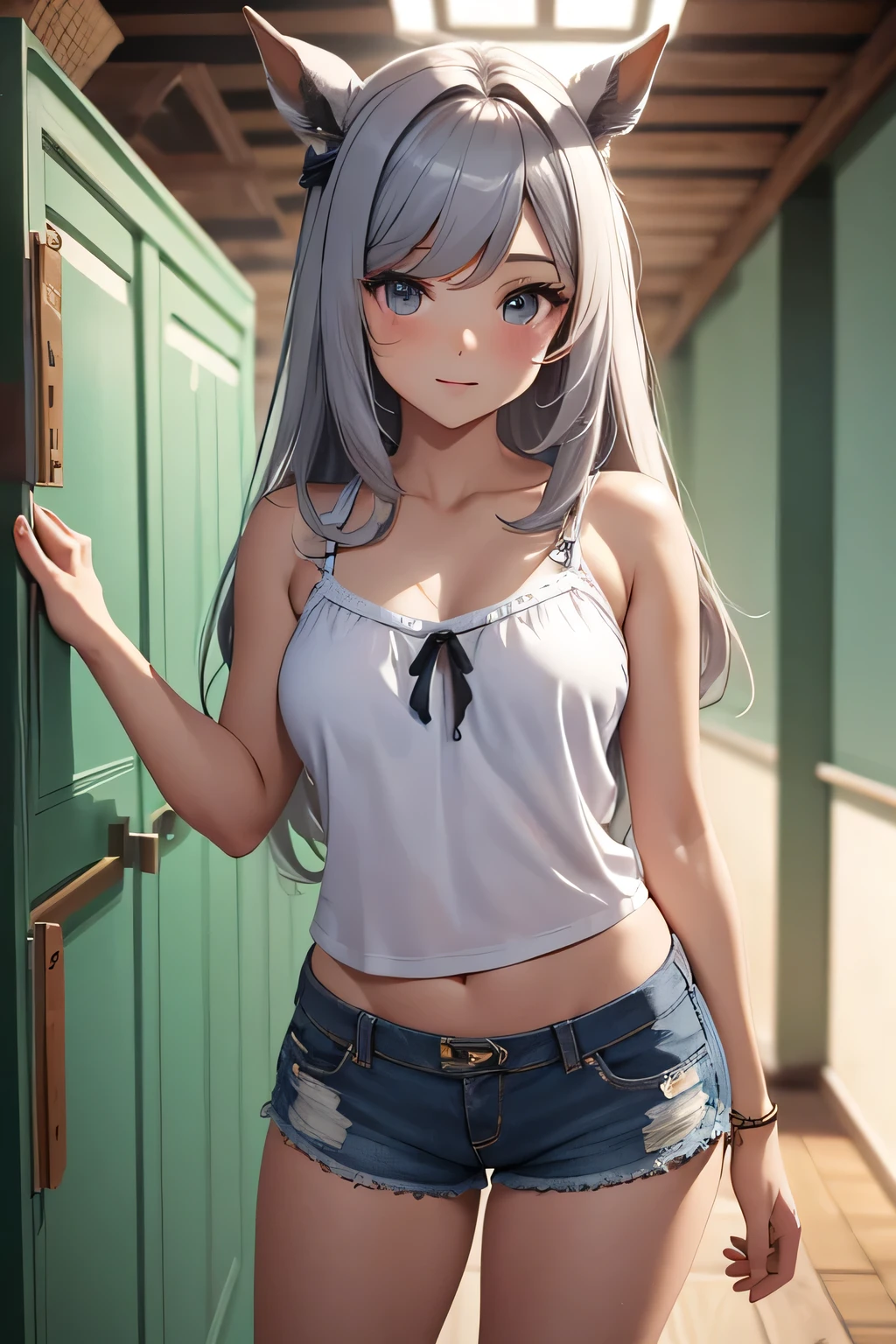 anime girl with long white hair and blue eyes posing in a hallway, seductive anime girl, small curvy loli, perfect white haired girl, attractive anime girl, beautiful anime girl, cute anime girl, girl with white hair, smooth anime cg art, pretty anime girl, anime style 4 k, anime best girl, anime girl, 4k anime wallpaper, topless, denim shorts, small breasts, nipples, masterpiece, necklace, smiling, navel