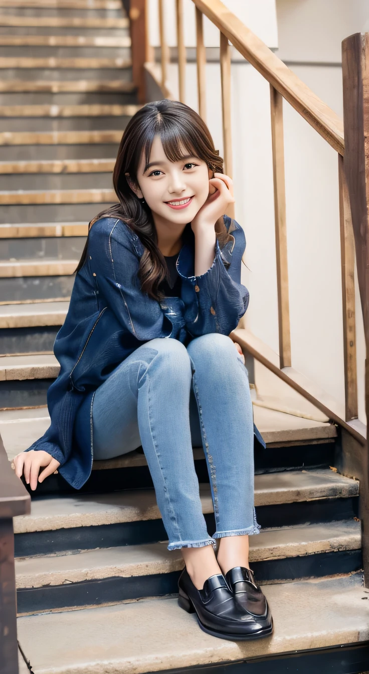 highest quality, Realistic, Very detailed, Finer details, High resolution, 8k wallpaper, One beautiful woman,Sit on the stairs、Full body photo、smile、、Long sleeve blouse、Skinny jeans、loafers、Black Hair、 Beautiful Bangs、ear piercing、Perfect dynamic composition, Beautiful and detailed, , A big smile waiting to start