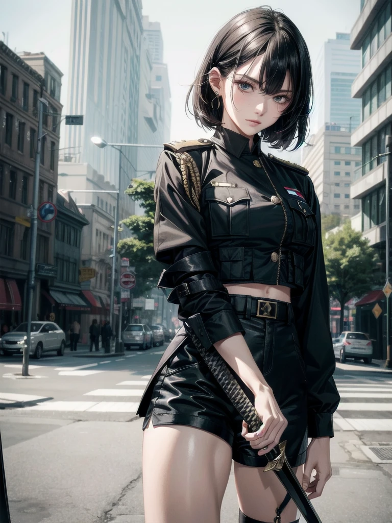 whole body, long sword, Black military uniform, Ladies' military vests, absurdres, RAW photo, extremely delicate and beautiful, masterpiece, Best Quality, ultra high resolution, 32k, hyperrealistic, ultra-detailed, tearful mole, earring, short medium hair, wavy hair, urban backdrop, shorts, midriff, 