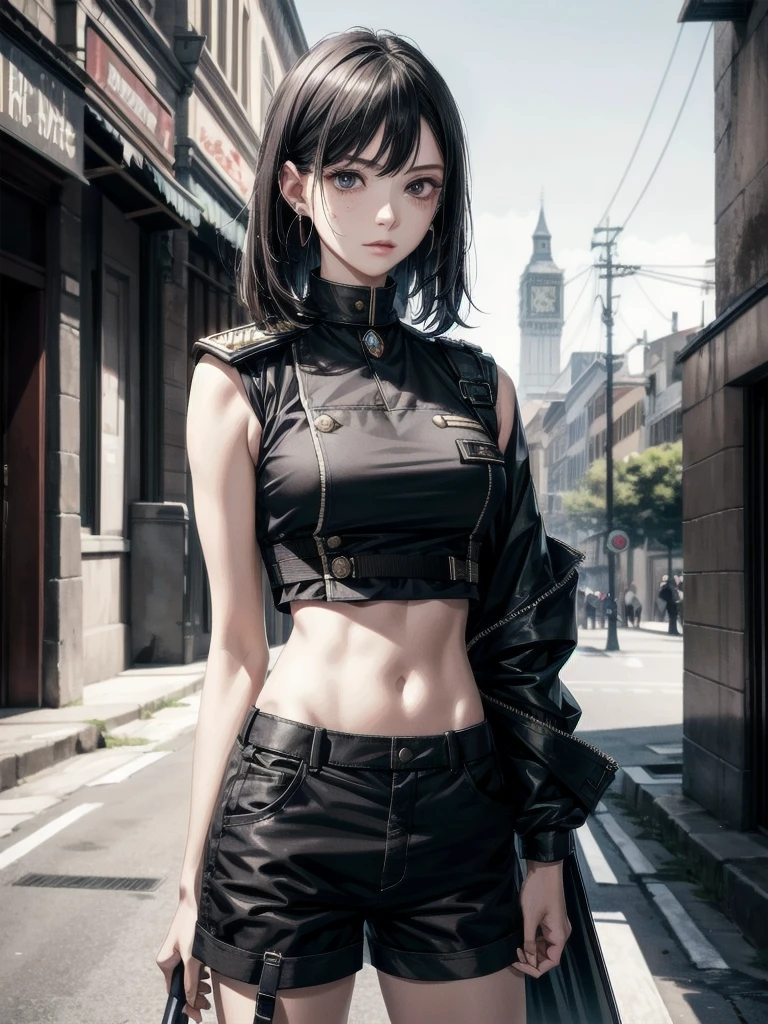 whole body, long sword, Black military uniform, Ladies' military vests, absurdres, RAW photo, extremely delicate and beautiful, masterpiece, Best Quality, ultra high resolution, 32k, hyperrealistic, ultra-detailed, tearful mole, earring, short medium hair, wavy hair, urban backdrop, shorts, midriff,