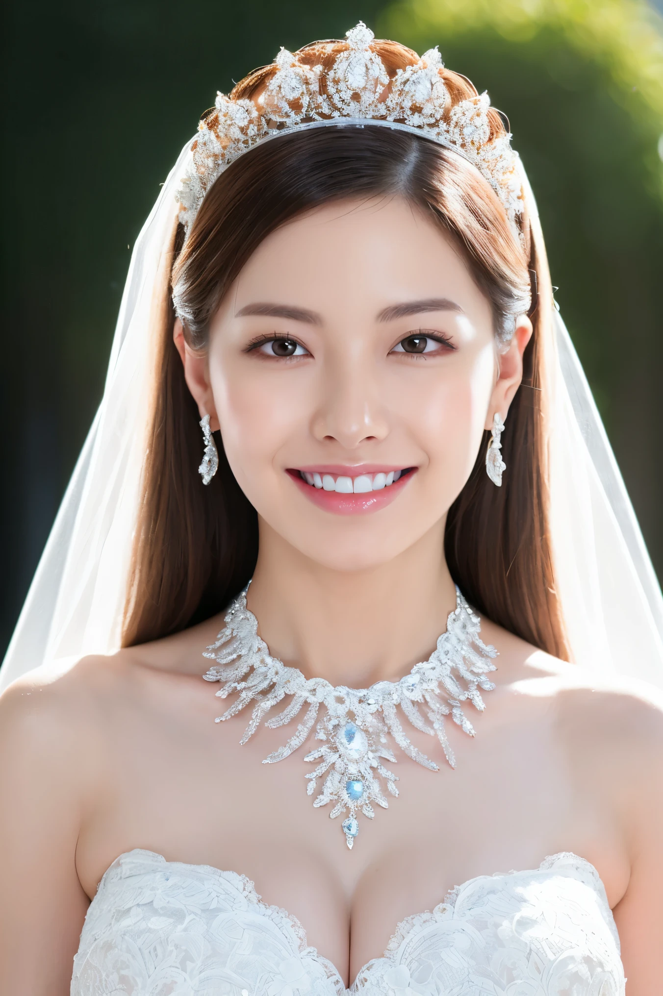 (highest quality、Tabletop、8k、Best image quality、Award-winning works)、One beautiful bride、(alone:1.1)、(The most extravagant and luxurious huge wedding dresses:1.1)、(Perfect Wedding Lace:1.2)、(The most luxurious and luxurious giant tiara:1.1)、(The most luxurious and luxurious giant necklace:1.1)、Look at me with your best smile、A large amount of the finest jewelry、Upper body photo、Perfect Makeup、Long eyelashes、Ultra-high definition sparkling eyes、Ultra HD Hair、Ultra High Resolution Glossy Lips、Ultra High Resolution Perfect Teeth、Super high resolution beautiful face、(Accurate ???????:1.1)、(Very bright and beautiful skin:1.2)、(very bright and vivid:1.2)、Bridal Hair