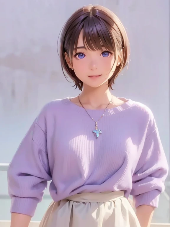 High resolution,In 8K,highest quality,detailed,Semi-realistic anime,Anime 3D Style,Smooth anime CG,One Girl,19-year-old woman in Japan,slim,Modeled,Shiny brown hair,Medium Hair,detailedな顔,Beautiful and detailed,Glowing Skin,Lilac sweater,necklace,straggling hair,Angelic hairstyle,Small breasts,Observe the audience,((Deep blue eyes)),((Shut your mouth.)),((Laughter))