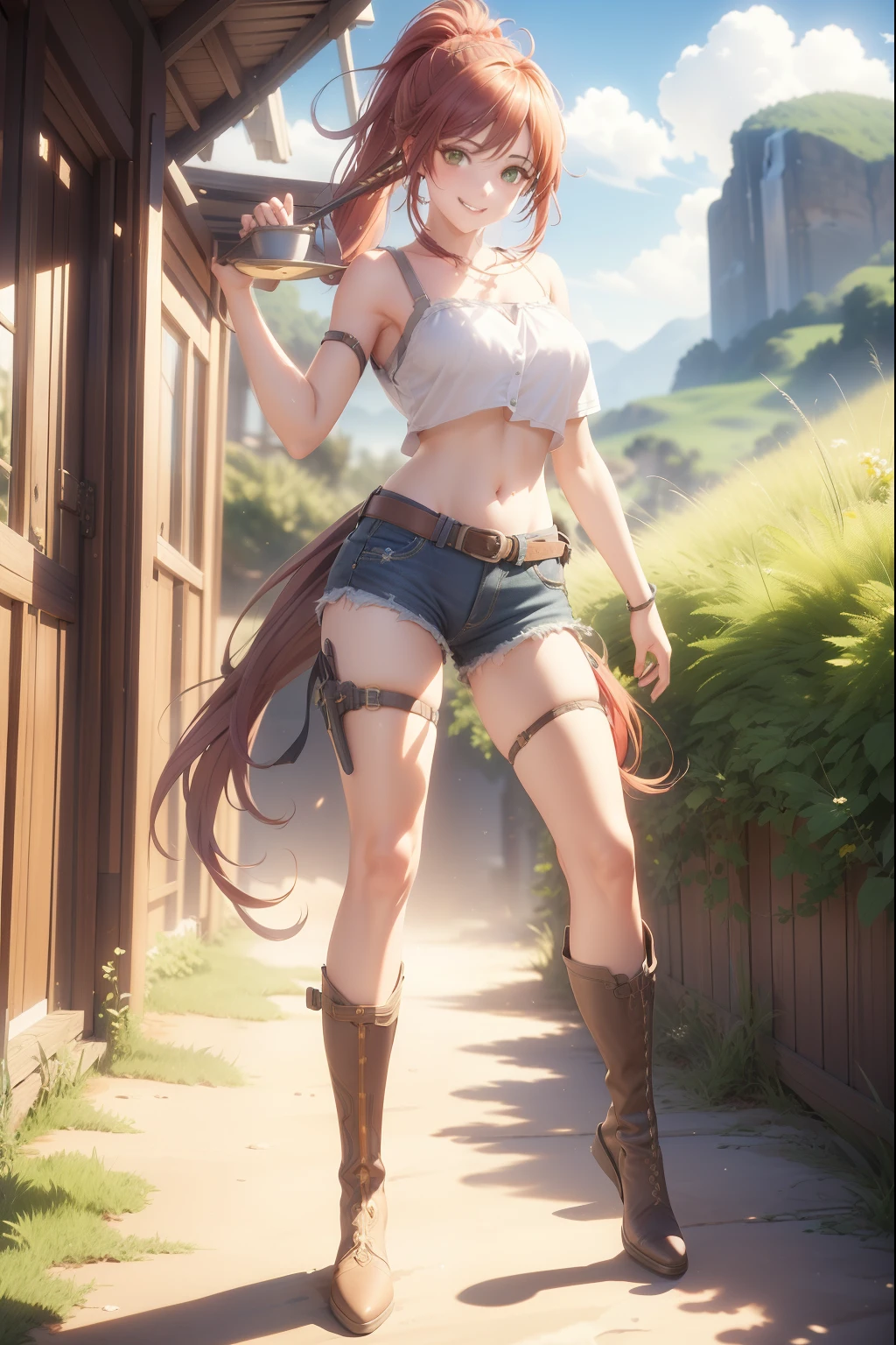 (extremely detailed CG unity 4k wallpaper),(masterpiece),(best quality),(ultra-detailed),(best illustration),(best shadow),(absurdres),(detailed background), Red long hair (Ponytail), green eyes, Daisy dukes, Smiling, Boots, Farm,