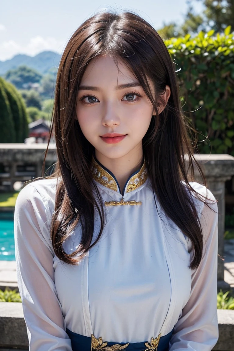 Top-quality Realistic,Official art,Highly detailed CG Unity 8k wallpaper,ultra-detailliert,hight resolution,Physically-based rendering,Magnificat,finely detail,masterpiece,Best Quality,ultra detailed,Mature beauty,Beautiful women,1girl,moist lips,sexy lips,Sexy smile,Gentle smile, 20 years old, Beautiful bare skin,Smooth bare skin, big well-shaped breasts, beautiful cleavage,beautiful Mature body,swept bangs,(Medium hair:1.3), beautiful detailed eyes,model shoot style,Japanese Idol,Full-body,((Trang An Landscape Complex)),BREAK, ((Ao dai:1.3)),(vietnamese national costume),Standing model pose,Delicately expressed eyes,cute smile,standing position,A gentle smile like a goddess,((begging for a kiss)) ,((Extreme close-up)),