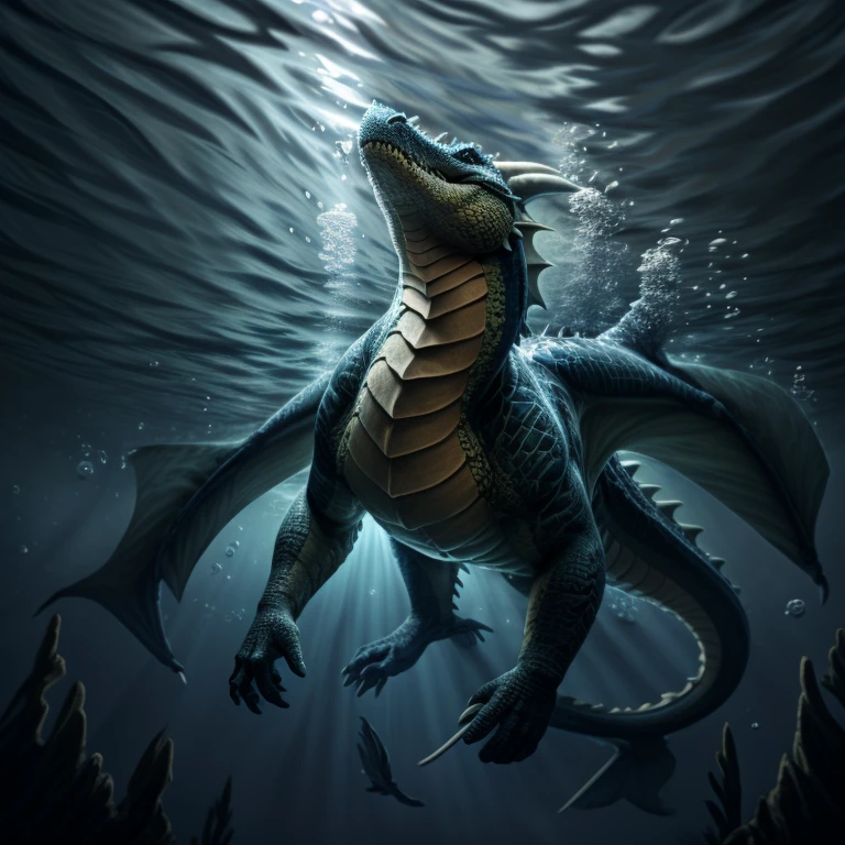 Underwater, deep underwater, aquatic dragon swimming overhead, looking at dragon from below, body like an alligator, large powerful tail, swimming with tail, side view, full body