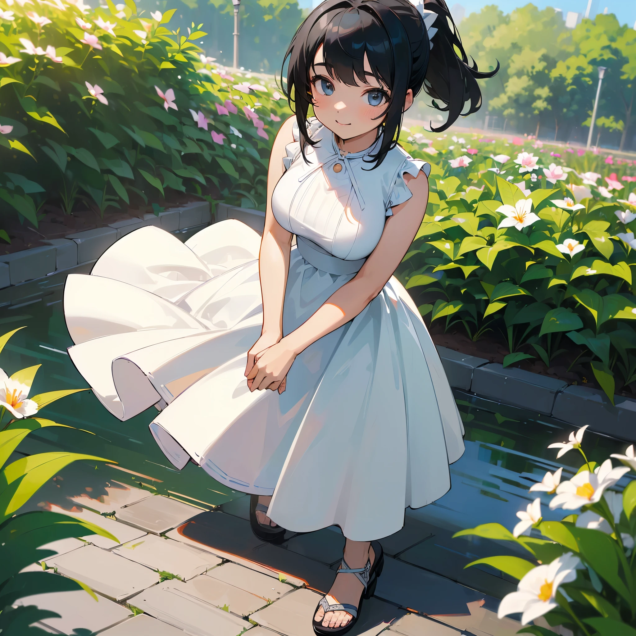 (high quality, High resolution, Very detailed, reality:1.37), Peaceful atmosphere, (Outdoor, garden), age girl standing alone, (my breasts are big.), Beautiful details, Cute Smile, (Black hair ponytail), White sleeveless dress, Sandals.