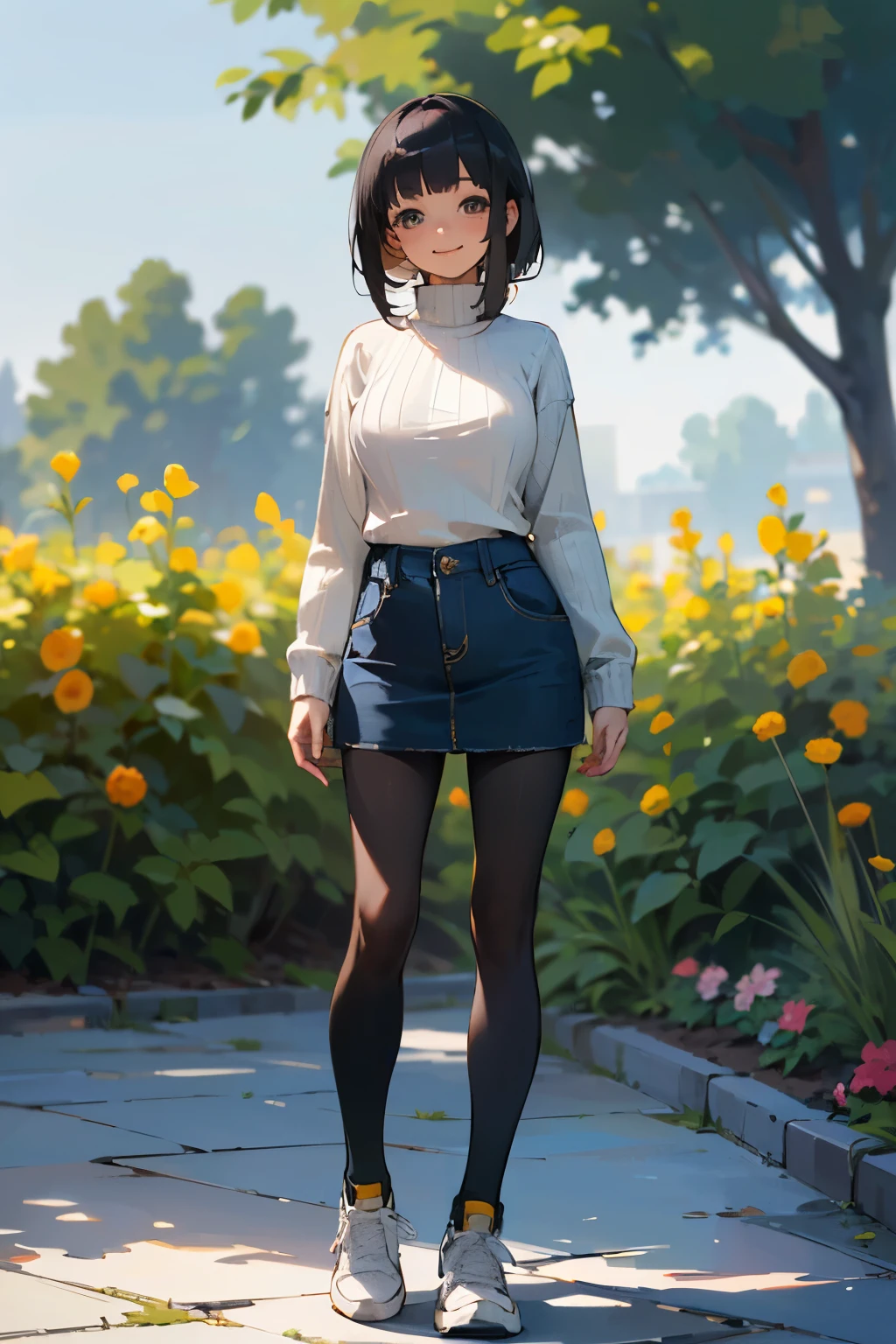 (high quality, High resolution, Very detailed, reality:1.37), Peaceful atmosphere, (Outdoor, garden), Teenage girl standing alone, (my breasts are big.), Beautiful details, Cute Smile, (Black bob hair), Ribbed sweater, Denim skirt, Black tights, sneakers.