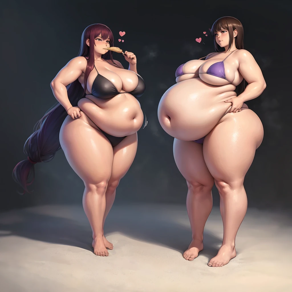 A young woman in a bikini, massive bloated overstuffed heavy protruding bulging obese belly, hyper massive fat tall wide round heart shaped bubble butt, wide fat hips, massive fat round breasts, deep long cleavage, so full it hurts, gurgling belly, sloshing belly, distended belly, churning belly, it hurts being so full but it feel so good, squishy belly, bellies squished together, breasts squished together, they cant stop eating, they keep eating even though they’re so overstuffed it hurts, red skin on belly, extremely painfully overstuffed bloated bulging bellies, she’s jealous of how fat her friend is, breasts fatter than belly, sagging belly, belly apron, surrounded by food, leaning forward from weight of belly,