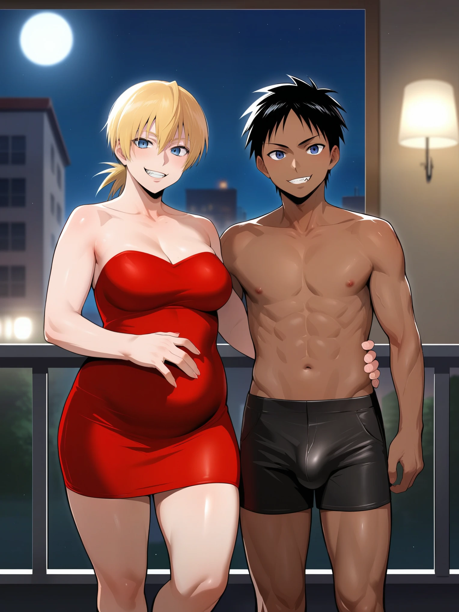 score_9, score_8_up, source_anime, standing, hellsing, seras, blonde hair, nude, indoors, night, night sky, nighttime, vampire, smirk, fangs, ikuchan, balcony, town background, clothed, male wearing shorts, muscular male, medium breasts, boyfriend, couple, sfw, looking at viewer, faceless male, dark skinned male, cuckold pov, ntr, netorare, standing side by side, standing, cuckolding, cuck, 1girl, 1boy, duo, ((duo focus)), black haired male, interracial, BLACKED, bbc, raceplay, smug, humiliation, ((faceless male)), ((size difference)), tall male, ((duo)), waist grab, ((dark skinned male))), gown, dress, bulge,  rating:safe, navel, short dress, red dress, furry, tiger, anthro on human, tiger girl, chubby, bbw, ((furry)), tiger fur, chubby body, ((bbw)), milf,  belly, 