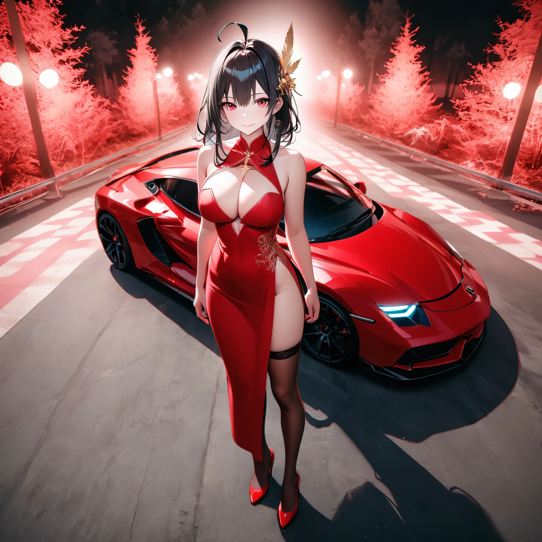 A woman wearing a low-cut red dress, empty shoulders, long black hair, Ahoge, golden bow in her hair, golden feather in her hair, red eyes, smiling, red heels, long brown stockings, standing on, full length, a concrete runway on the side of a luxury red car, big breasts, night location, background lit location with trees,solid circle eyes, Surrealism, drop shadow, anaglyph, stereogram, tachi-e, pov, atmospheric perspective, 8k, super detail, ccurate, best quality, award winning, textured skin, highres, anatomically correct, bokeh effect, (woman solo)
