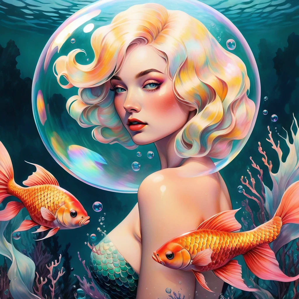 chiaroscuro technique on sensual illustration of an elegant woman, vintage ,silky eerie, matte painting, by Hannah Dale, by Harumi Hironaka, extremely soft colors, vibrant, pastel, highly detailed, digital artwork, high contrast, dramatic, refined, tonal, minimal ratio, swimming pool texture, face up, best quality,4k,8k,highres,masterpiece:1.2,ultra-detailed,photorealistic,advertising poster,mermaid,storm,monochromatic,harrowing,contrasting colors,dynamic lighting,water reflections,striking composition,dramatic atmosphere,mysterious concept, (impasto paintings:1.2),cowboy shot ,realistic, best quality, masterpiece, realistic ,hyperdetailed, intricately detailed, mermaid, (inside a bubble:1.6), 1girl, beautiful, sexy, mature woman, underwater, playing with fish, coral, seaweed, reef background, fantasy, ripples, breasts, warm colors, blonde hair, shells, white hair, bubblerealm, water, (nsfw:0.3),