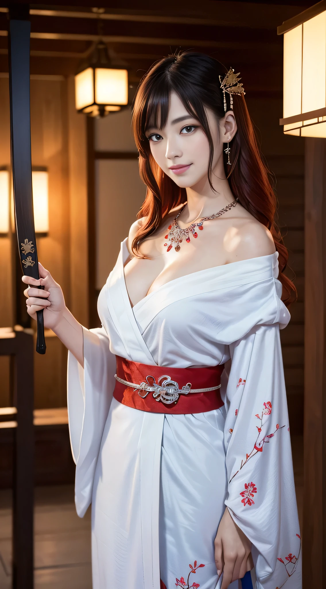 8K Ultra HD, Digital SLR,Film Grain, Fujifilm XT3,(highest quality:1.3), (masterpiece:1.1), High resolution, Cinematic Light, White long-handled sword Holding a Japanese sword,Intricate details, (Realistic) (Night view) Realistic backlight、Dramatic red toned light、Beautiful Japanese Geisha full body photo, ((Facial texture Pore details)), Grin、Devilish smile, Simple messy hairstyle, Wearing a black satin kimono with a traditional dragon motif, Open shoulders, Colorful dragon tattoos all over the body, Long blade, Inside a traditional villa,白い柄のHolding a Japanese sword,, 8k, Front blur,Ultra HD, Digital SLR,Film Grain, Fujifilm(8k, highest quality, masterpiece:1,2), (Realistic, Realistic:1.37), Very detailed, One Girl,), (Very detailed), (Detailed and beautiful eyes), (highest qualityの), (Very detailed ), (masterpiece), (Detailed face),woman((19 years old)), hair((red, Wavy, length)), eye ((red eye, big eye)), Clothes((kimono,big slit, Red floral pattern)), accessories ((Earrings, necklace)), Huge breasts, big , smile, background,Long Hair,Red Clothes,Cowboy Shot