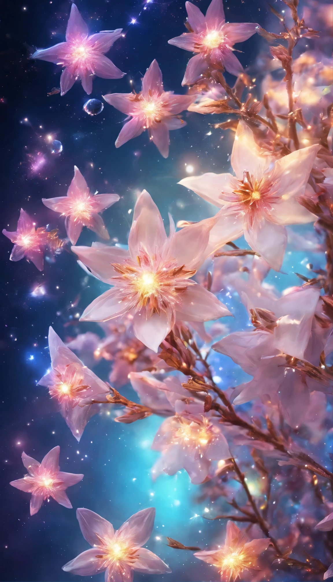 Clear sky, star-filled sky, aurora,moon light,All expressed with jewels, the arrival of spring, 
, beautiful batterflys,angles looking up from below, various jewels falling from the sky, wonderful and beautiful superb view, slightly hazy, fantastic, high resolution, 8K, (best quality, highres, realistic:1.37), shiny metallic flowers, intricate and delicate petals, reflective surfaces, vibrant colors, intricate details, close-up view, surreal garden, surreal beauty, dreamy atmosphere, fine art, abstract botanicals, metallic sculpture, contrasting textures, ethereal glow