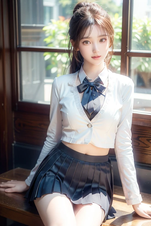 An innocent 20-year-old girl, (blazer school uniform:1.3), (Dramatic Pose),smile, (High Ponytail),natural Park、RAW Photos, (8k, highest quality, masterpiece:1.2), (Intricate details:1.4)、(Photorealistic:1.4), Octane Rendering, Complex 3D rendering with ultra-detail, Studio Soft Light, Rim Light, Vivid details, Super Detail, Realistic skin texture, Detailed aspect, Beautiful details in the eyes, Highly detailed CG Unity 16k wallpaper, compensate, (Detailed Background:1.2), Glowing Skin, whole body, ((thin legs)), small waist, Cleavage, (looking at viewer:1.2)