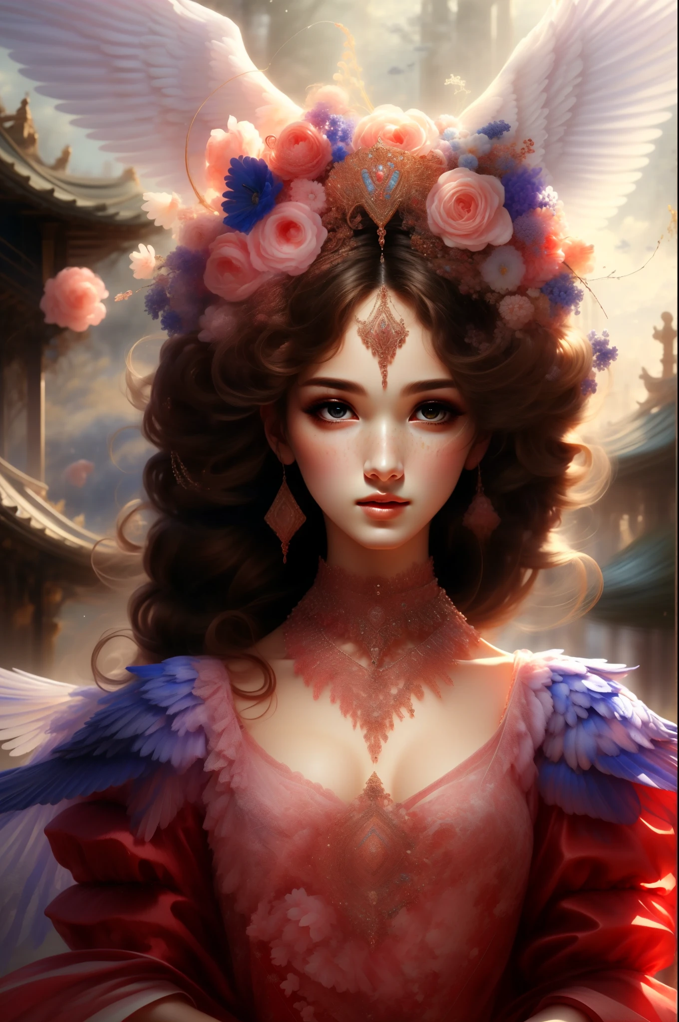 (1girl),solo,Morgana Default,Big breasts,Eye Makeup,Purple Wings,(Perfect face shape:1.3),Extremely detailed eyes,Colorful,The most detailed,Vibrant colors,High contrast,(1.4 times more realism),(Reality),(超Reality主义:1.2),(Fractal Art:1.2), mole under eye, pov, atmospheric perspective, 8k, super detail, ccurate, best quality, UHD, masterpiece, anatomically correct, textured skin, super detail, best quality