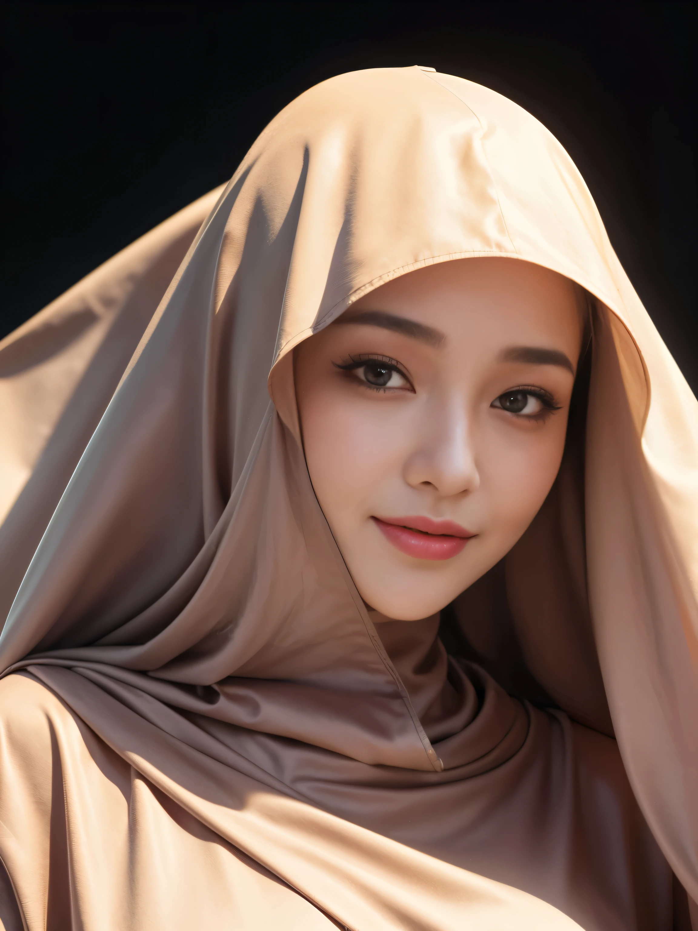 masterpiece, best quality, 4k, highres, extremely detailed 8K wallpaper, illustration, A 25 year old young woman, beautiful, charming face, chubby cheeks, sweet smile, wearing a hijab, (niqab:1.2), brown eyes, (symmetry), simple make-up, abaya, neat figure, taking photos, straight-on, wide shot, symmetry, half-body, ((looking at viewer)), simple background,