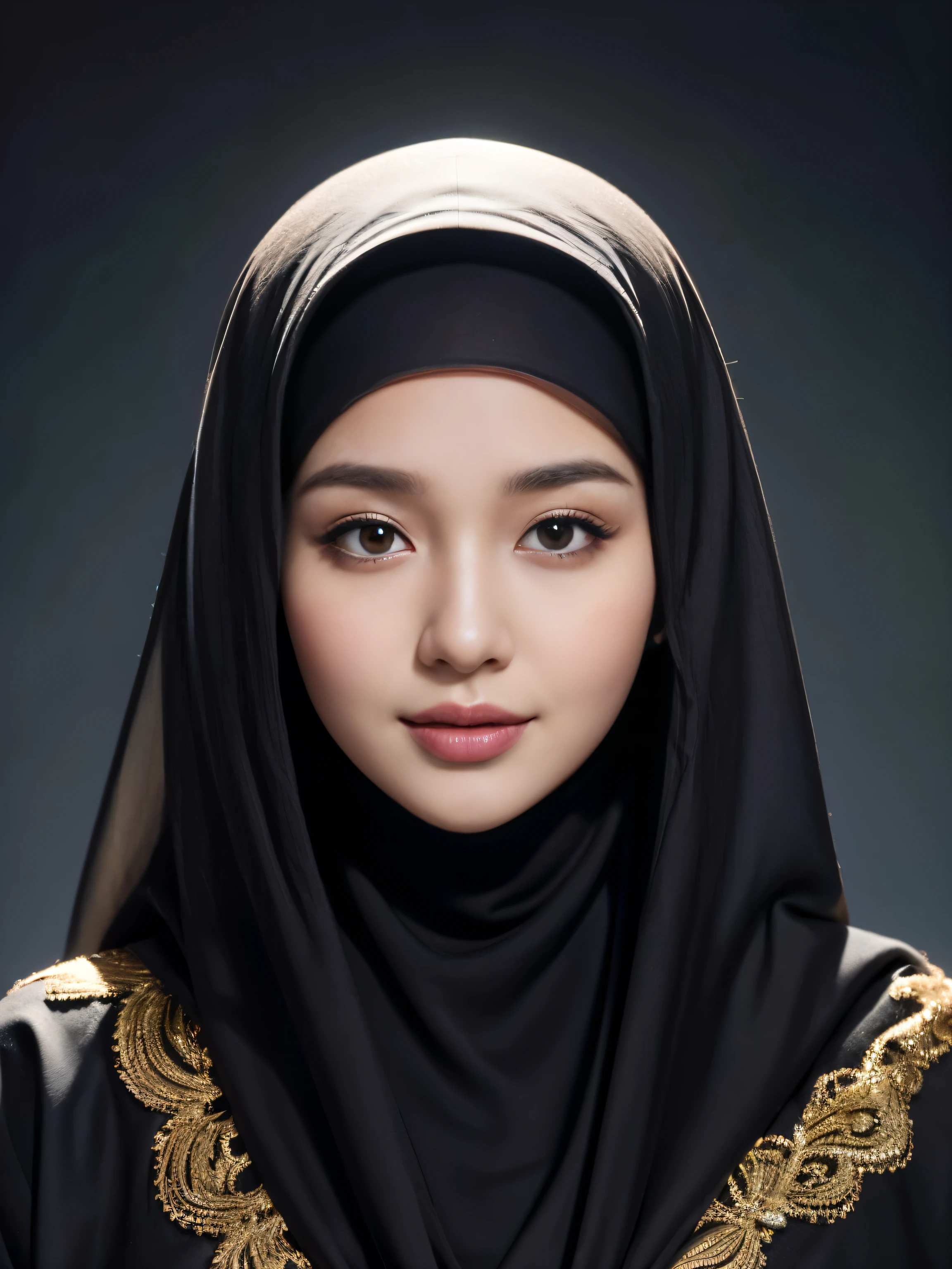 RAW photo of a 24 year old girl wearing hijab, satin abaya, satin, hijab face portrait, neutral background, 8k uhd, dslr, soft lighting, high quality, film grain, Fujifilm XT3, covered dress, decent dress
