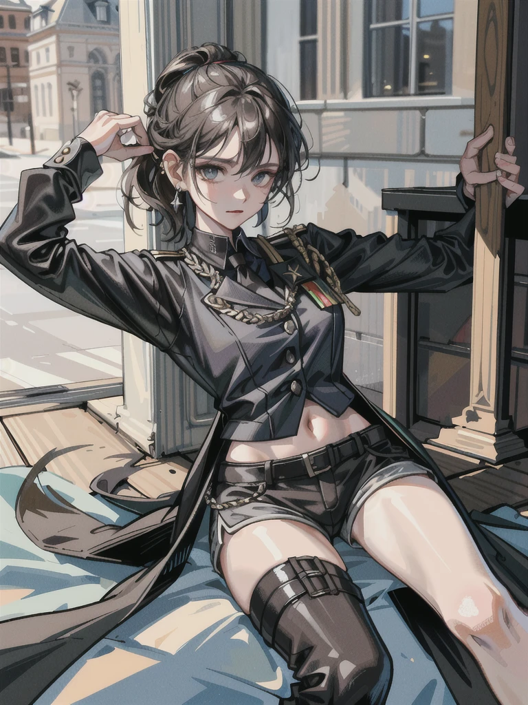 whole body, long sword, Black military uniform, Ladies' military vests, absurdres, RAW photo, extremely delicate and beautiful, masterpiece, Best Quality, ultra high resolution, 32k, hyperrealistic, ultra-detailed, tearful mole, earring, short medium hair, wavy hair, urban backdrop, shorts, midriff,