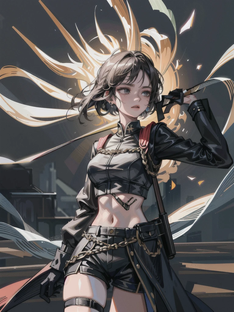 whole body, long sword, Black military uniform, Ladies' military vests, absurdres, RAW photo, extremely delicate and beautiful, masterpiece, Best Quality, ultra high resolution, 32k, hyperrealistic, ultra-detailed, tearful mole, earring, short medium hair, wavy hair, urban backdrop, shorts, midriff,