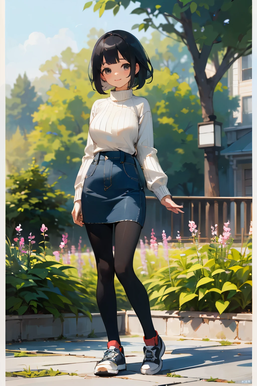 (high quality, High resolution, Very detailed, reality:1.37), Peaceful atmosphere, (Outdoor, garden), Teenage girl standing alone, (my breasts are big.), Beautiful details, Cute Smile, (Black bob hair), Ribbed sweater, Denim skirt, Black tights, sneakers.