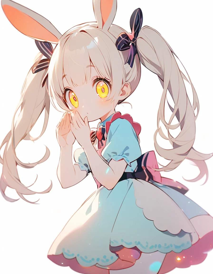 (White Background:1.5)Cute One Girl, 美しくBig eyes、Long eyelashes、Twin tails, Big eyes、Long eyelashes, Wonderland, Glowing Skin, Leaning forward、Cute rabbit pose、Side Shot