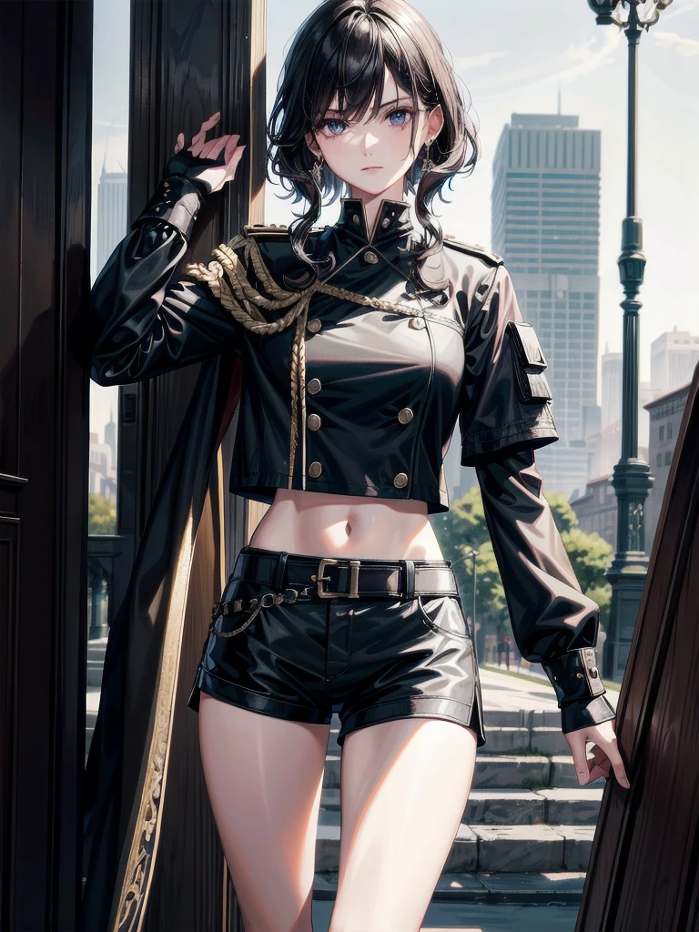 whole body, long sword, Black military uniform, Ladies' military vests, absurdres, RAW photo, extremely delicate and beautiful, masterpiece, Best Quality, ultra high resolution, 32k, hyperrealistic, ultra-detailed, tearful mole, earring, short medium hair, wavy hair, urban backdrop, shorts, midriff, 