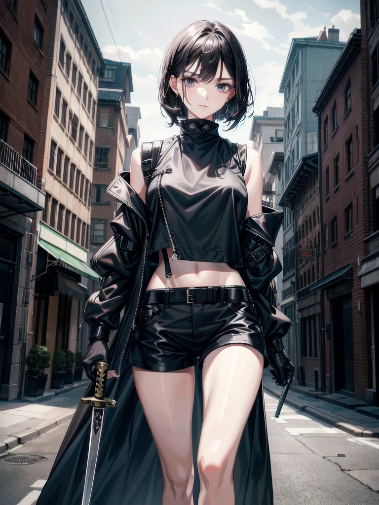 whole body, long sword, Black military uniform, Ladies' military vests, absurdres, RAW photo, extremely delicate and beautiful, masterpiece, Best Quality, ultra high resolution, 32k, hyperrealistic, ultra-detailed, tearful mole, earring, short medium hair, wavy hair, urban backdrop, shorts, midriff, 