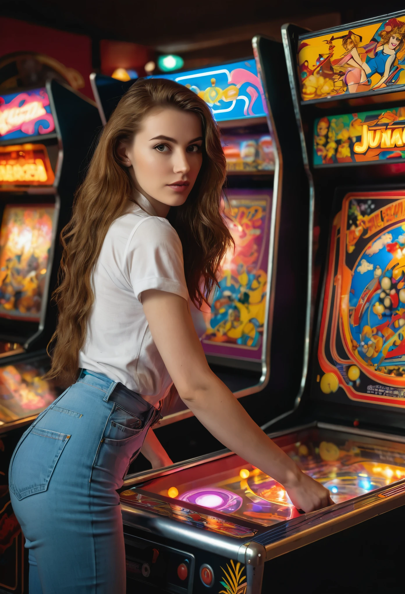 arafed woman in jeans standing in front of a pinball machine, arcade machines, arcade game, 1980s arcade, arcade machine, arcade, casual game, cover shot, a busy arcade, album art, arcade cabinet, anna nikonova aka newmilky, retro and 1 9 8 0 s style, background artwork, promo art, portrait shot
