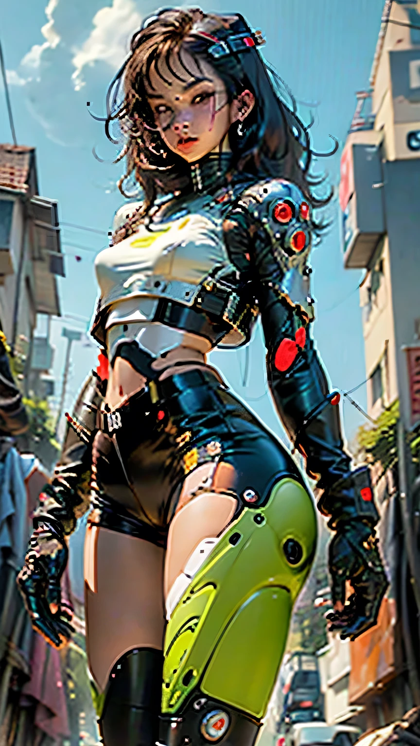 Woman body defined thick thighs cybernetic body parts, short underwear
