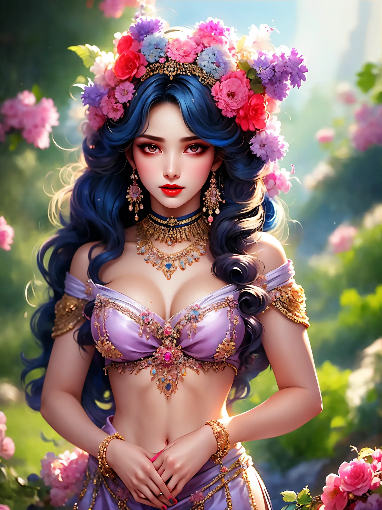Full color, motley, Gorgeous vamp woman, A bold look, a gold, Pink, Yellow, mint, Crimson, blau, lilac, Gradient hair, long wavy hair, full dark red lips, smoky, Desirable, crystal, delightful, Gorgeous eyes, impassioned, Gentle, Seductive pose, Desirable eyes, suntan, Chocolate body, mother-of-pearl body, tanned skin of the body, Languid look, sexy body, Sexy look, rot, blau, violet, Neon, Chrome-plated chains with torn body, Choker, pout, spit take, Surrealism, Minimalism, Romanticism, Ghibli-like colours, chiaroscuro, cinematic lighting, bloom, first-person view, UHD, masterpiece, ccurate, anatomically correct, textured skin, award winning, best quality, 8k