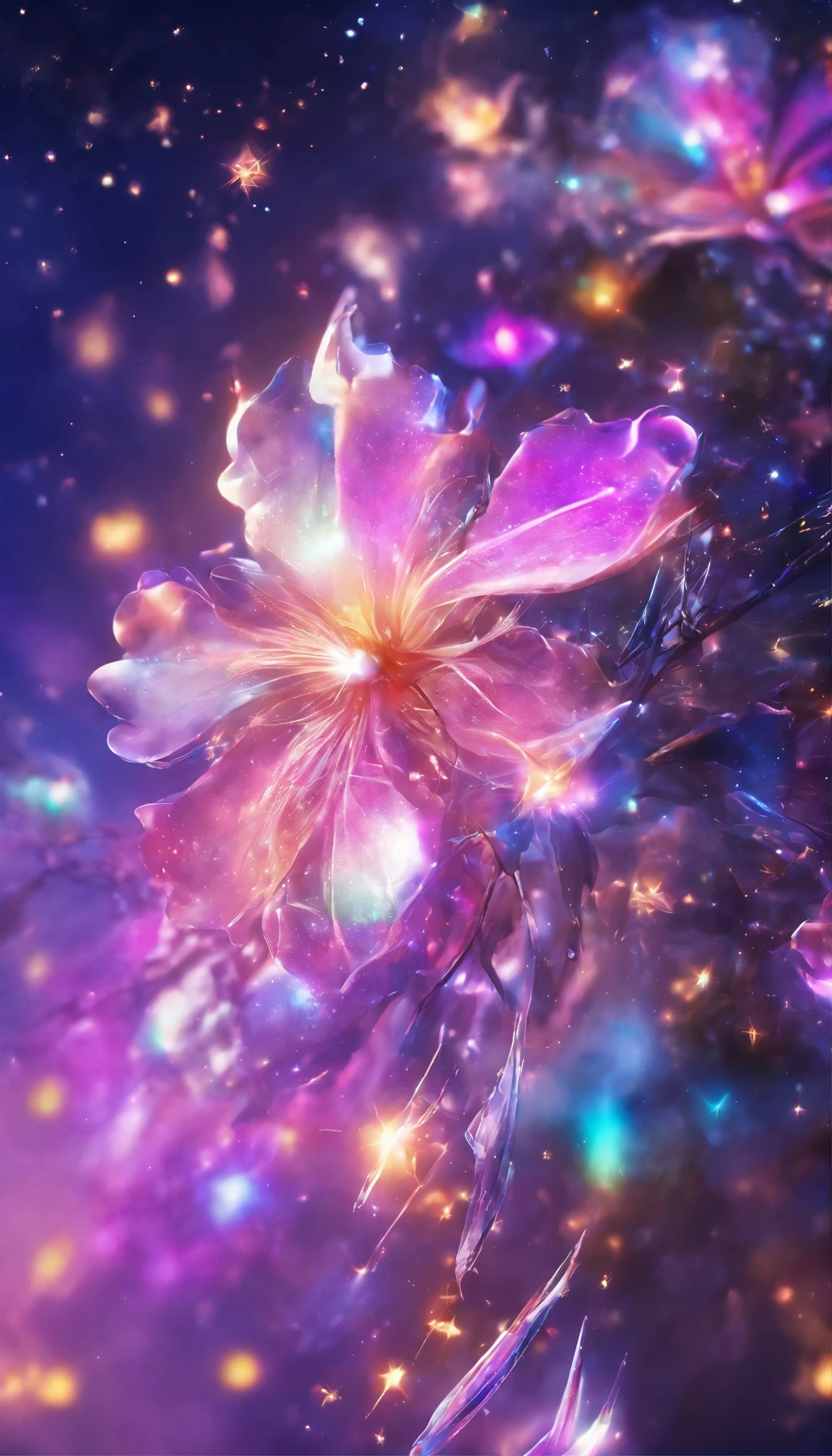 Clear sky, star-filled sky, aurora,moon light,All expressed with jewels, the arrival of spring,
, beautiful batterflys,angles looking up from below, various jewels falling from the sky, wonderful and beautiful superb view, slightly hazy, fantastic, high resolution, 8K, (best quality, highres, realistic:1.37), shiny metallic flowers, intricate and delicate petals, reflective surfaces, vibrant colors, intricate details, close-up view, surreal garden, surreal beauty, dreamy atmosphere, fine art, abstract botanicals, metallic sculpture, contrasting textures, ethereal glow