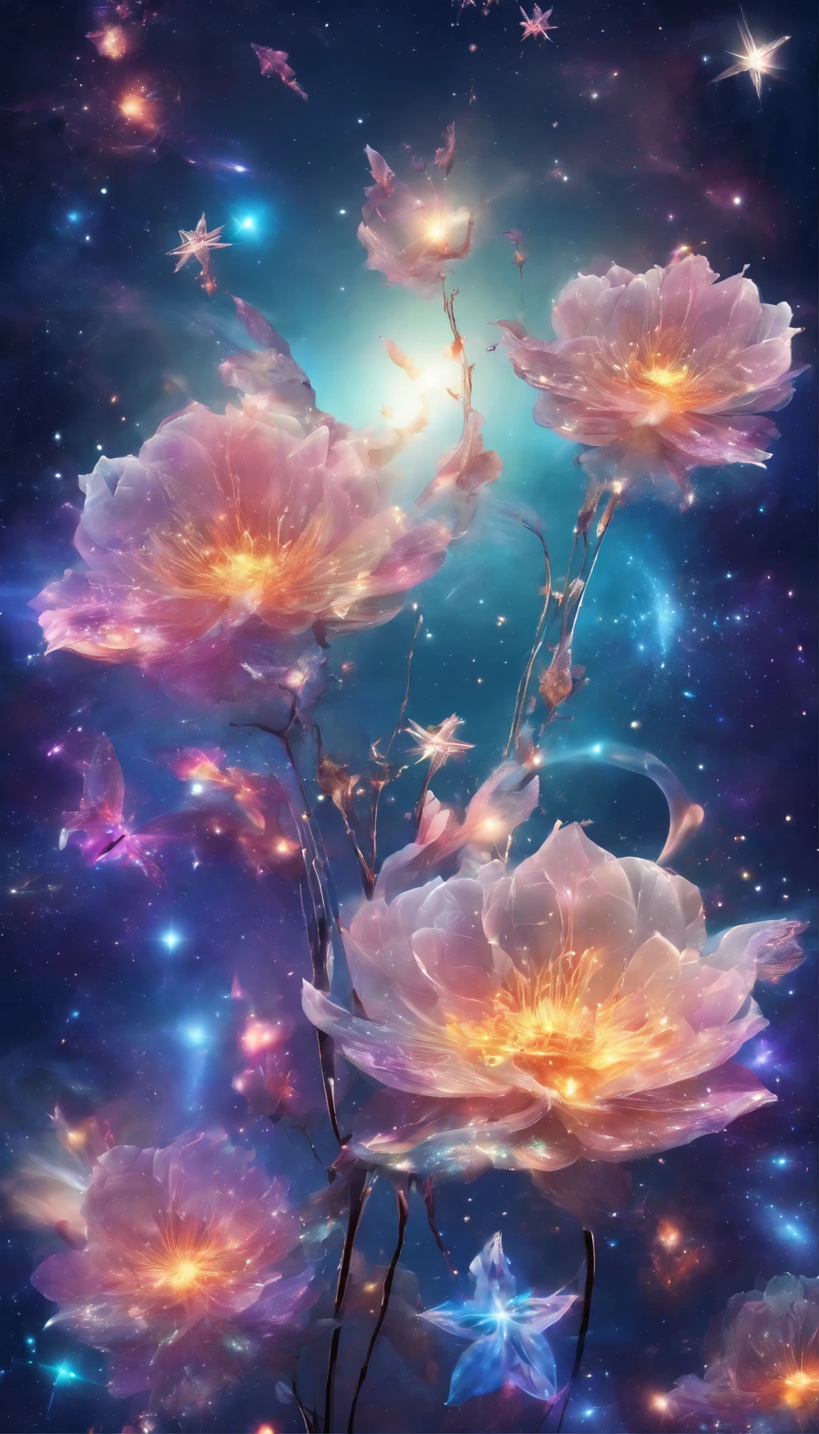 Clear sky, star-filled sky, aurora,moon light,All expressed with jewels, the arrival of spring,
, beautiful batterflys,angles looking up from below, various jewels falling from the sky, wonderful and beautiful superb view, slightly hazy, fantastic, high resolution, 8K, (best quality, highres, realistic:1.37), shiny metallic flowers, intricate and delicate petals, reflective surfaces, vibrant colors, intricate details, close-up view, surreal garden, surreal beauty, dreamy atmosphere, fine art, abstract botanicals, metallic sculpture, contrasting textures, ethereal glow