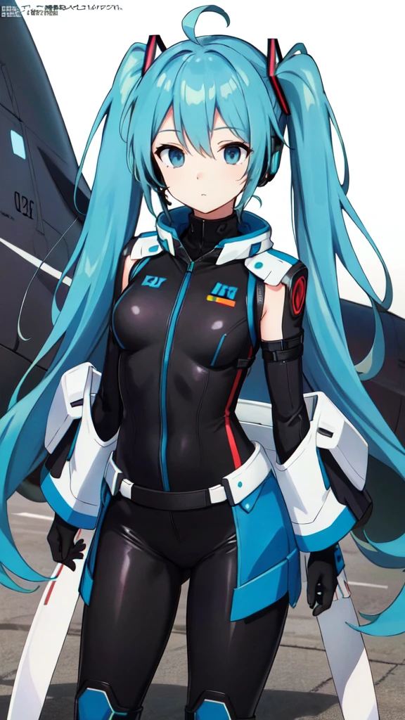 {{{{{masterpiece, best quality, official art, 8k, high resolution illustration}}}}}, hatune miku VOCALOID, twin tails, light blue eyes, light blue hair, big breasts, Generate an image of a cute "2d japanese hand drawn anime style" girl in a smooth curve, matte black bodysuit inspired by a futuristic stealth bomber. She has accessories which include unique plane tail-ear headphones. The United States Air Force logo is visible on her outfit. she is standing on a runway in a military airport her gaze is angled about 30 degrees to the side