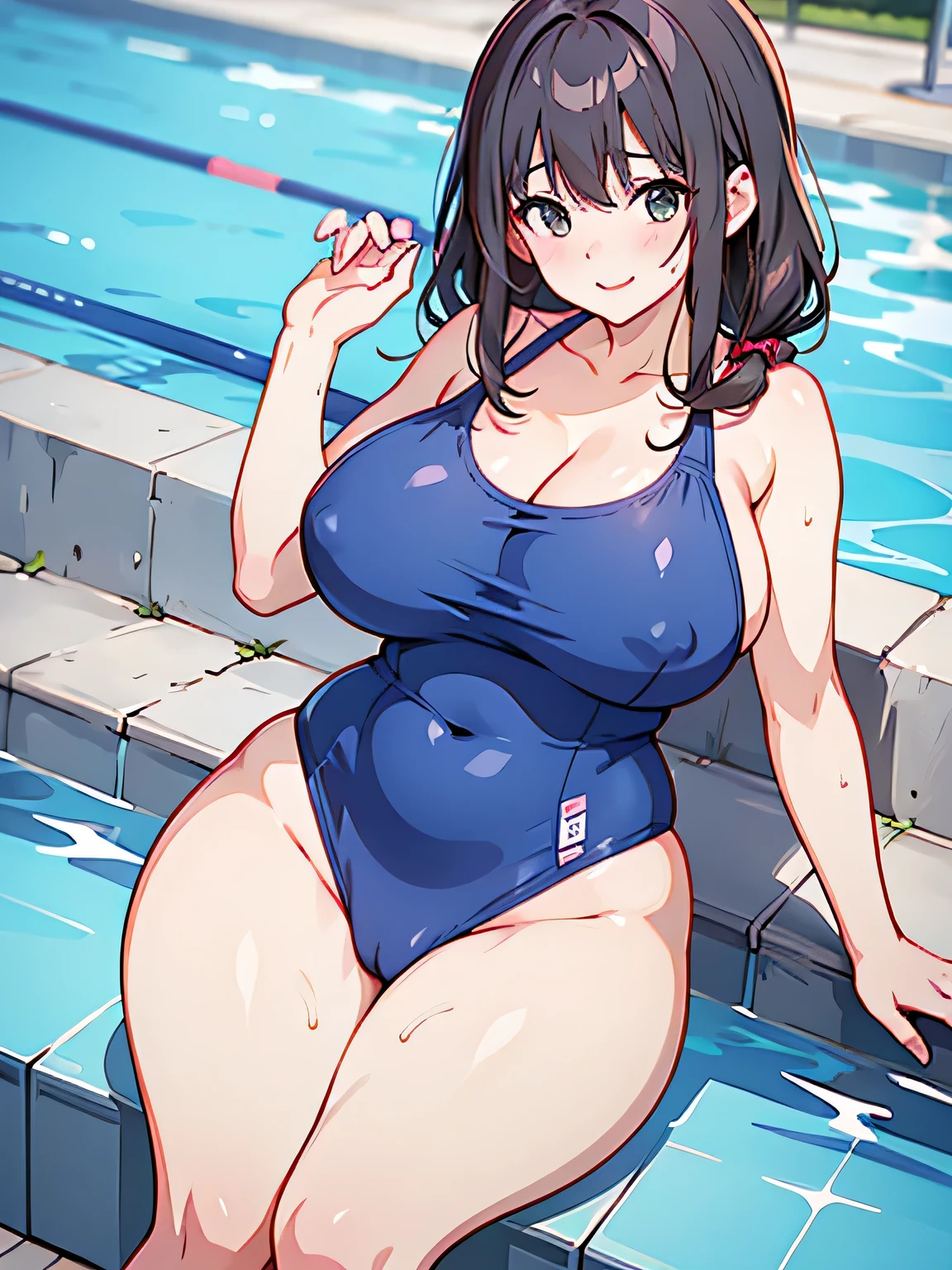 Erotic Anime Illustration、highest quality、Voluptuous gravure idol、Poolside、Swimsuit、Seductive smile、Very large breasts、Very thick legs、Sweaty、Shibuya Rin