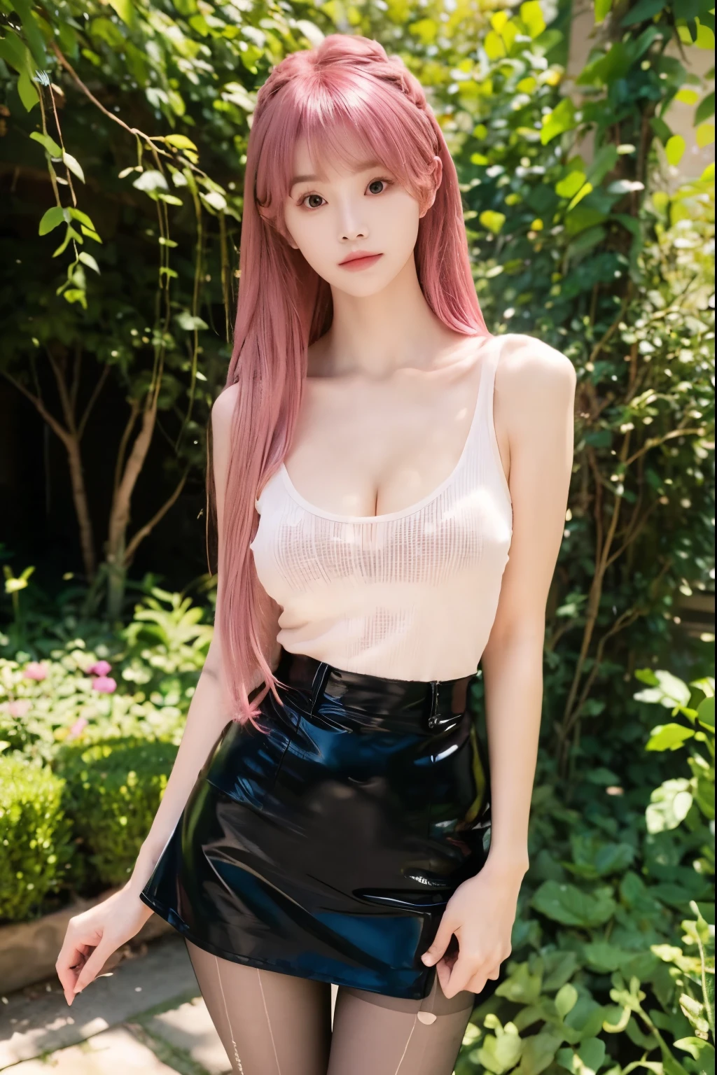 Beautiful woman with perfect body:1.4,Layered Hairstyle,Prominent cleavage,Highly detailed face and skin textures,Double eyelids,Skin Whitening,Long hair,Whitened long legs,Pink hair,(Tight T-shirt,miniskirt,Black pantyhose)Standing in the garden