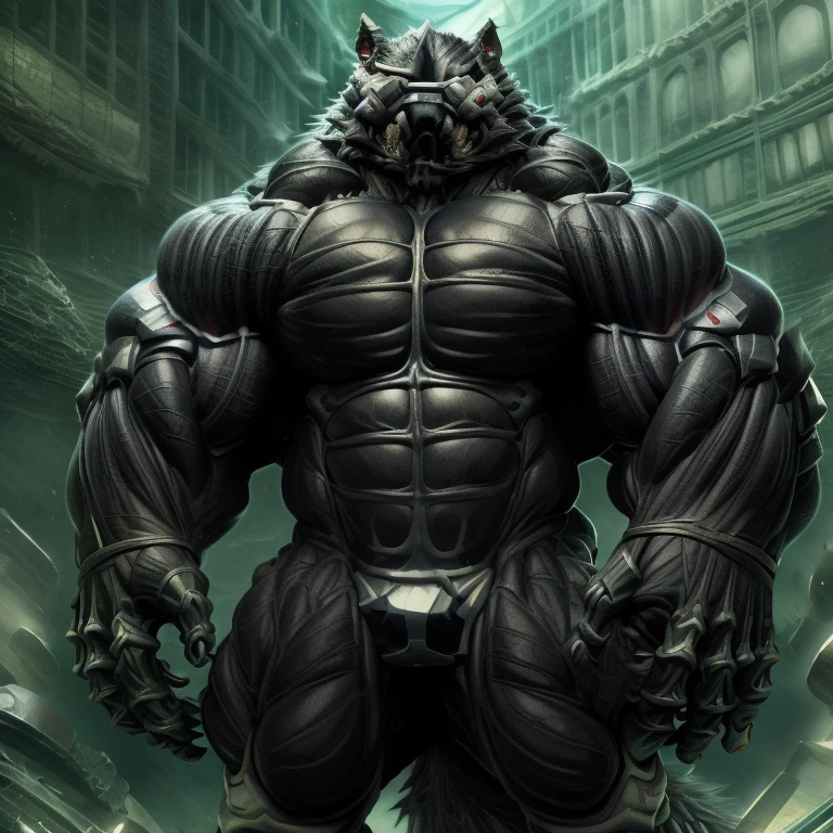 (masterpiece, best quality, detailed:1.2) detailed full body, 8K, freddy, wolf muscular werewolf, muscular! Commission for High Res,
unusually developed muscular body, body full of huge muscles. 
pectorales enormes. Exaggeratedly huge muscles. Gigachad Muscular, 8K, Masterpiece, highres, future fiction. black visor, Detailed head, Detailed Body,full body, Detailed abs, wearing crNanosuit,strong and imposing, thicc, 