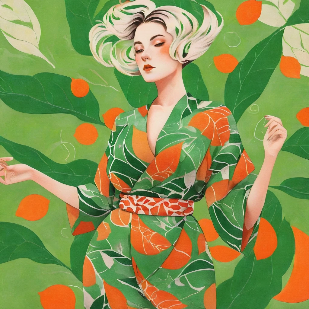 Elf female, feminine look, sexy hair, green outfit, leaves around body, swirling air movement, wide angle, full body view, loose fabric, geometric shapes, small breasts, sherbet pattern kimono, persimmon, up-do hair, Bauhaus, geometric shapes