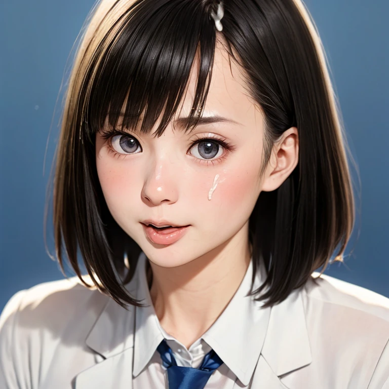 NSFW, (kawaii 24 year-old Japanese girl, Nogizaka idol, Korean idol), (glossy hair, very short hair, bangs:1.3), (beautiful black eyes, rounded face, single eyelid, no makeup, noseblush:1.4), (sex silly, half opened mouth:1.5), (cum to face:1.6), (wearing suit jacket, collared shirt, necktie:1.3), (extra small breasts:0.9), (looking at away out of frame:1.5), BREAK, (simple blue background:1.3), (view from forward, bust shot:1.3), BREAK, (masterpiece, best quality, photo realistic, official art:1.4), (UHD, 8K quality wallpaper, high resolution, raw photo, golden ratio:1.3), (shiny skin), professional lighting, physically based rendering, award winning, (highly detailed skin, extremely detailed face and eyes), Carl Zeiss 85 mm F/1.4, depth of field, 1girl, solo,