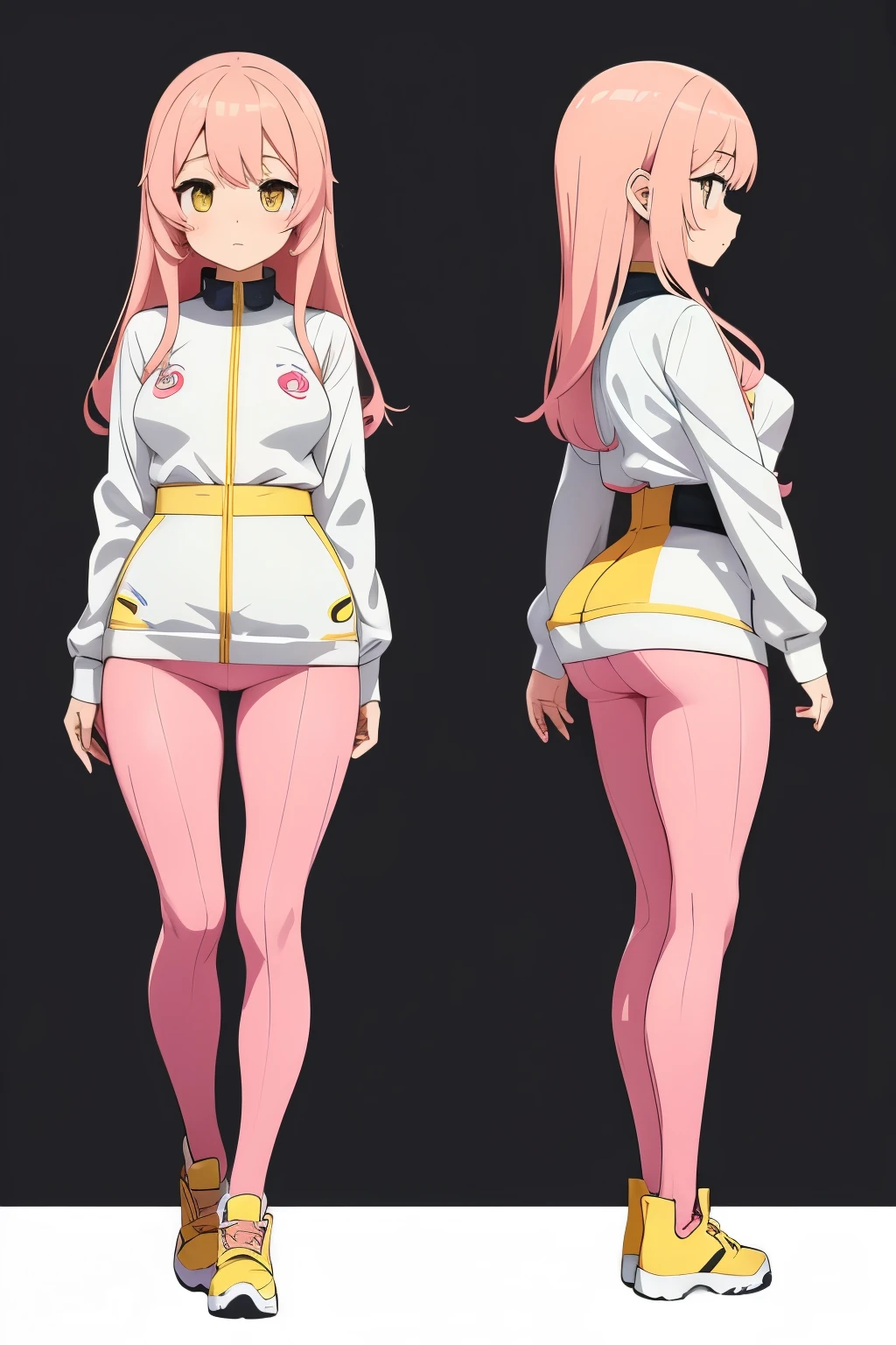 Anime girl, Yuni NIKKE, DETAILED IMAGE, Small breasts, Light Pink Long Hair with BANGS, NO FOREHEAD VISIBLE, full body, Thin Waist, Wide Hips, Full YELLOW BODYSUIT clothing, cute expression