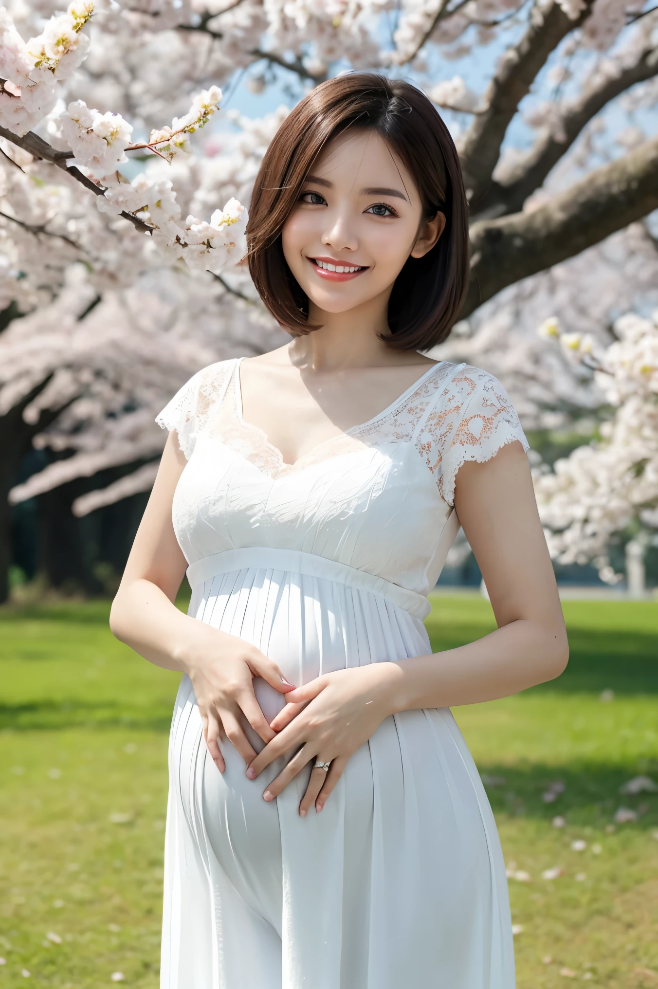 (highest quality、masterpiece、8k、Best image quality、Award-winning works)、1 female、Walk in the park、(pregnancy:1.1)、(alone:1.1)、(1 photo:1.1)、Elegant white maternity wear、See-through maternity wear、Lace ornament、Perfect Makeup、thin、The biggest smile is looking at me、Perfect Anatomy、Standing full body photo、Blurred cherry blossoms in full bloom,、big grass park、Refreshing atmosphere、very bright and vivid、Beautiful eyes in ultra-high resolution、Ultra high resolution perfect beautiful teeth、Ultra-high definition beauty face、Ultra HD beautiful hair、Perfect teeth alignment、Short Bob Hair