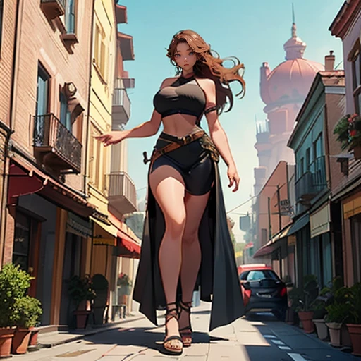 A beautiful giant woman in Halter tops,standing in beside a height chart. The street is too narrow for her, so she is forced to support herself by pressing her ((hands against the roof)),((long legs)),full body photo,(standing in crowd)