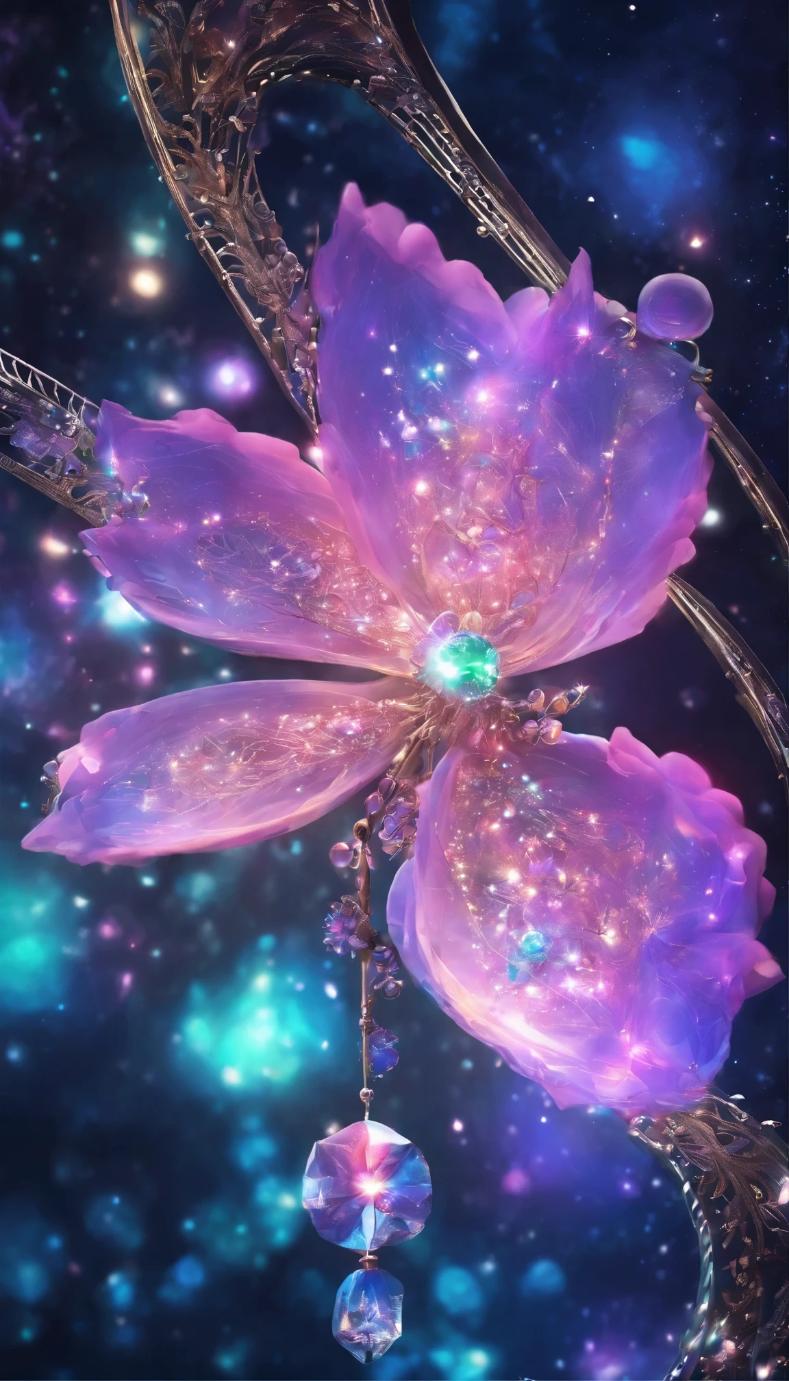 Clear sky, star-filled sky, aurora,moon light,All expressed with jewels, the arrival of spring,
, beautiful batterflys,angles looking up from below, various jewels falling from the sky, wonderful and beautiful superb view, slightly hazy, fantastic, high resolution, 8K, (best quality, highres, realistic:1.37), shiny metallic flowers, intricate and delicate petals, reflective surfaces, vibrant colors, intricate details, close-up view, surreal garden, surreal beauty, dreamy atmosphere, fine art, abstract botanicals, metallic sculpture, contrasting textures, ethereal glow