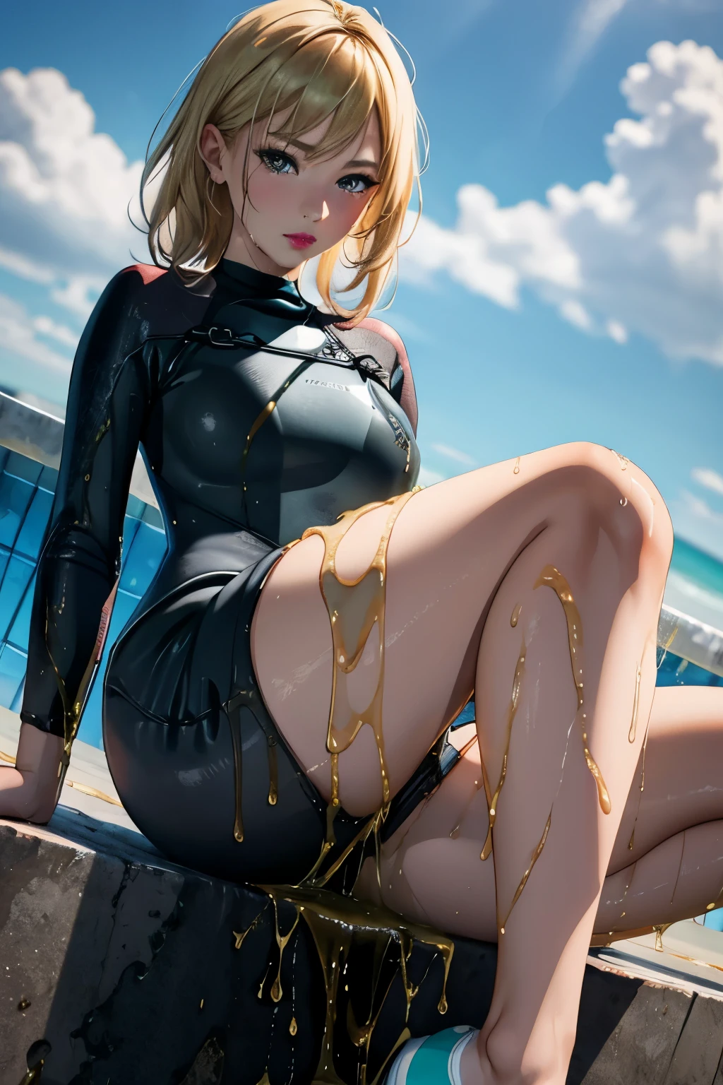 anime, best quality, high quality, highres, beautiful women, tanned gyaru, blonde hair, high detail, good lighting, lewd, hentai, (((wetsuit))), nice legs, (((wetting herself))), (((peeing herself))), (((peeing self))), pee streaming down legs, peeing stain, (puddle), (thick thighs), nice long legs, lipstick, detailed face, pretty face