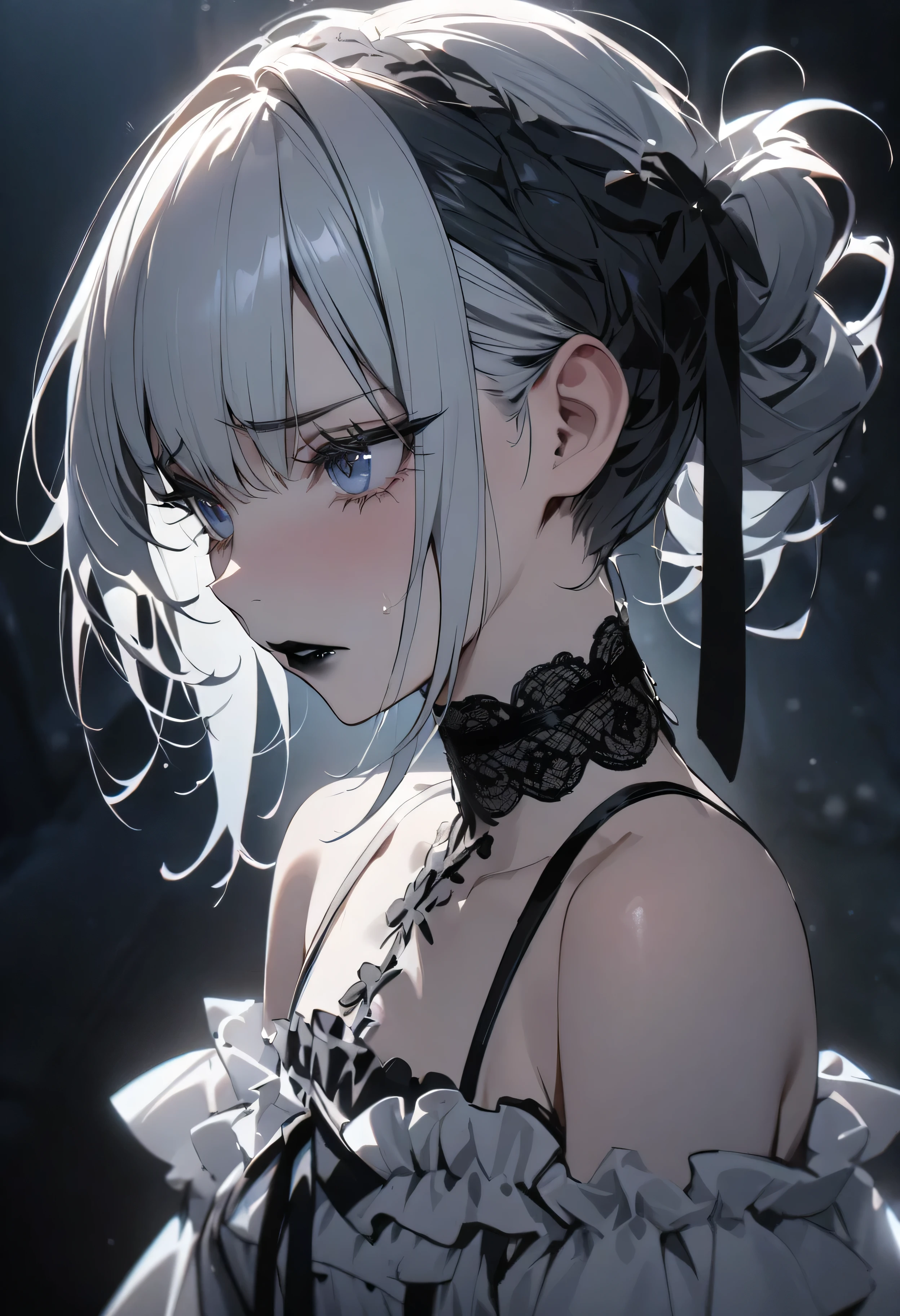 (masterpiece:1.2), (highest quality:1.2), Perfect Eyes, Perfect Face, Perfect lighting, One girl,bob, Complicated hairstyle, compensate, Black Lips, Thick eyelashes, sad, melancholy, Dressed as a goth girl, Black and white dress, Frills, ribbon, Puffy sleeves, Exposing shoulders, Lace choker,