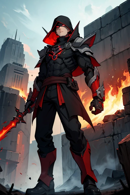 male, robot, fiery red eyes, black metal body, (((1boy))), (((black mantle))), (dark red torn pants), (grey sash), (brown boots), long legs, holding hammer, in a forge