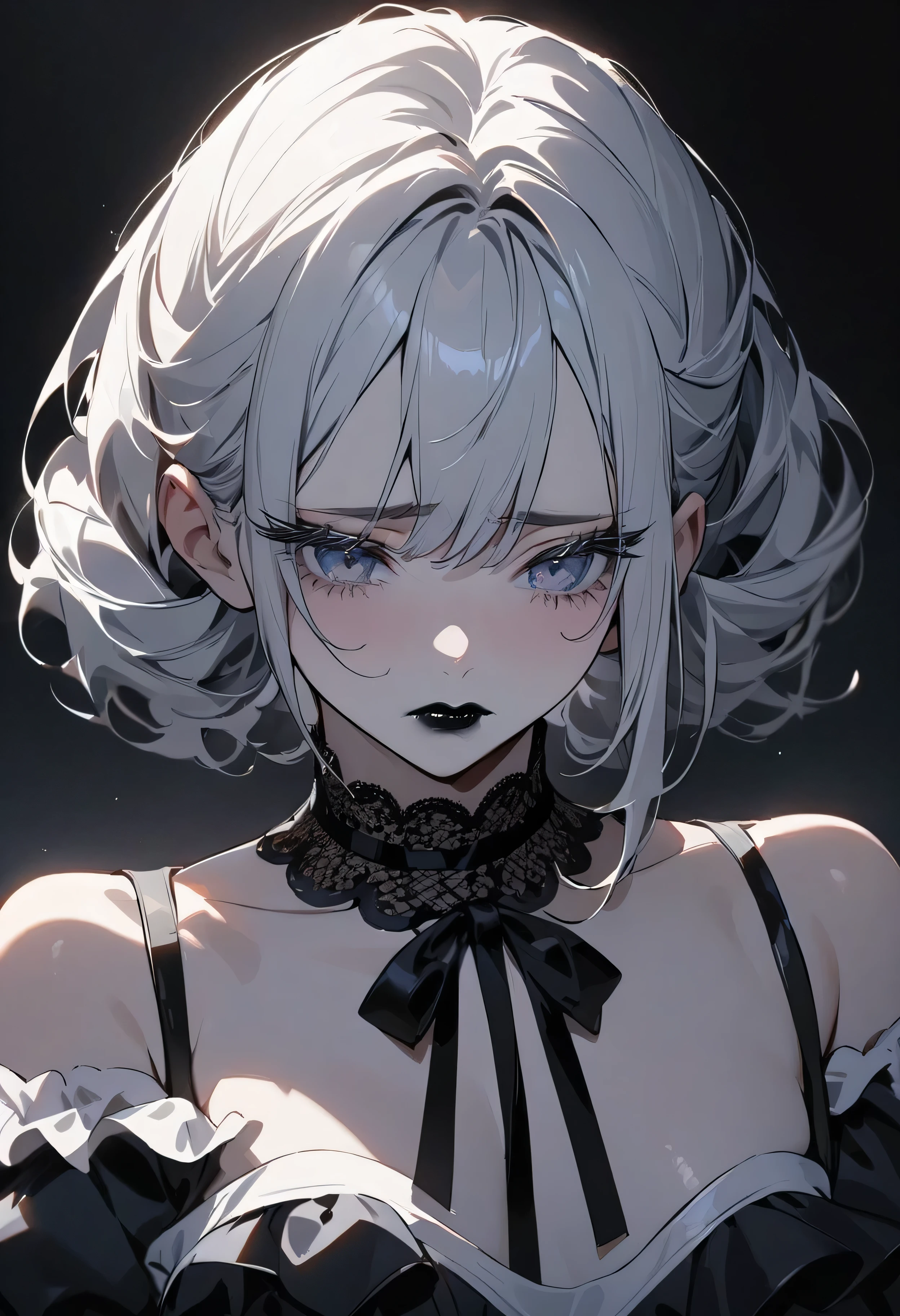 (masterpiece:1.2), (highest quality:1.2), Perfect Eyes, Perfect Face, Perfect lighting, One girl,bob, Complicated hairstyle, compensate, Black Lips, Thick eyelashes, sad, melancholy, Dressed as a goth girl, Black and white dress, Frills, ribbon, Puffy sleeves, Exposing shoulders, Lace choker,