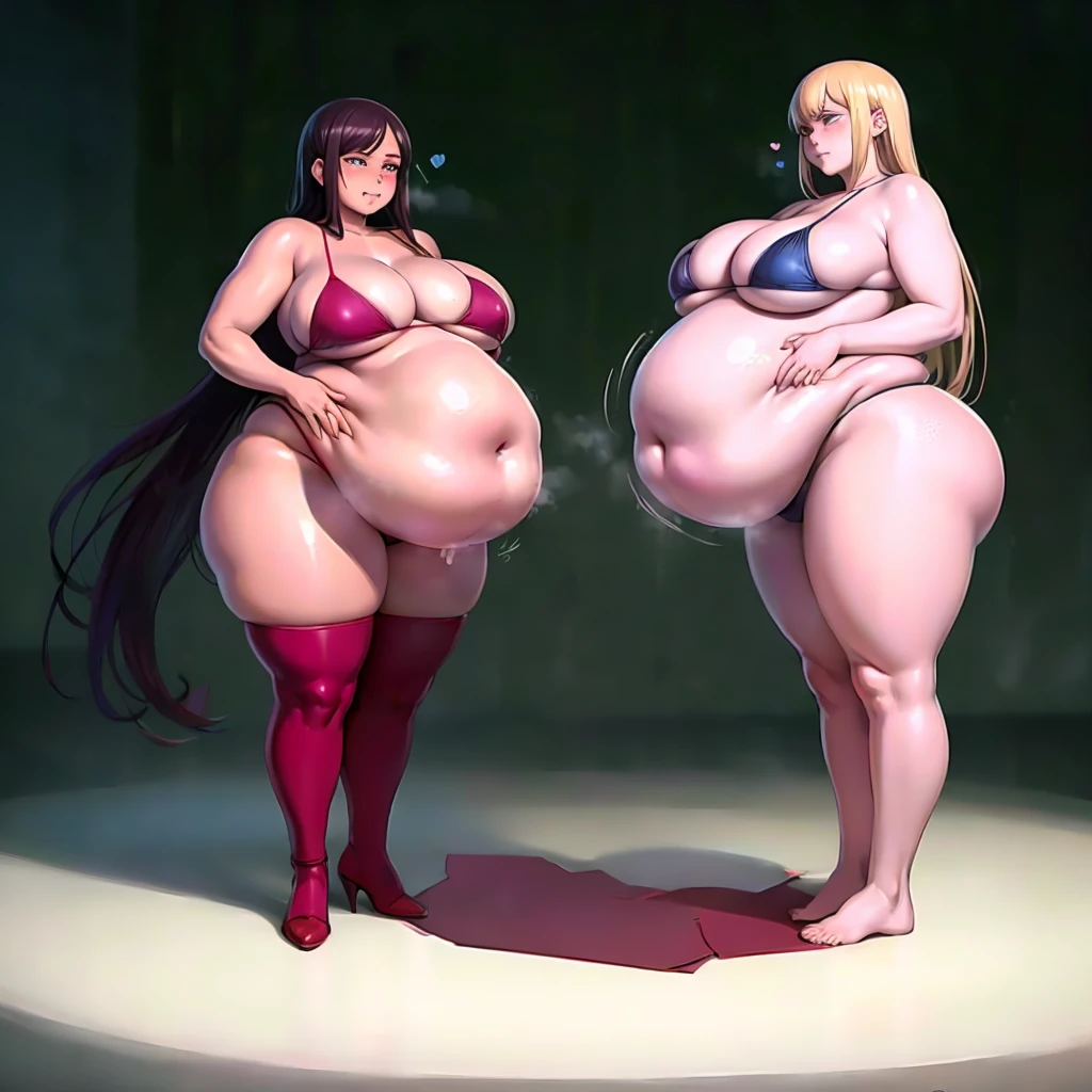 A young woman in a bikini, massive bloated overstuffed heavy protruding bulging obese belly, hyper massive fat tall wide round heart shaped bubble , wide fat hips, massive fat round breaep long cleavage, st hurts, gurgling belly, sloshing belly, distended belly, churning belly, it hurts being so full but it feel so good, squishy belly, bellies squished together, breasts squished to they cant stop eating, they keep eating even though they’re so overstuffed it hurts, red skin on belly, extremely painfully overstuffed bloated bulging bellies, she’s jealous of how fat her friend is, breasts fatter than belly,g belly, belly apron,